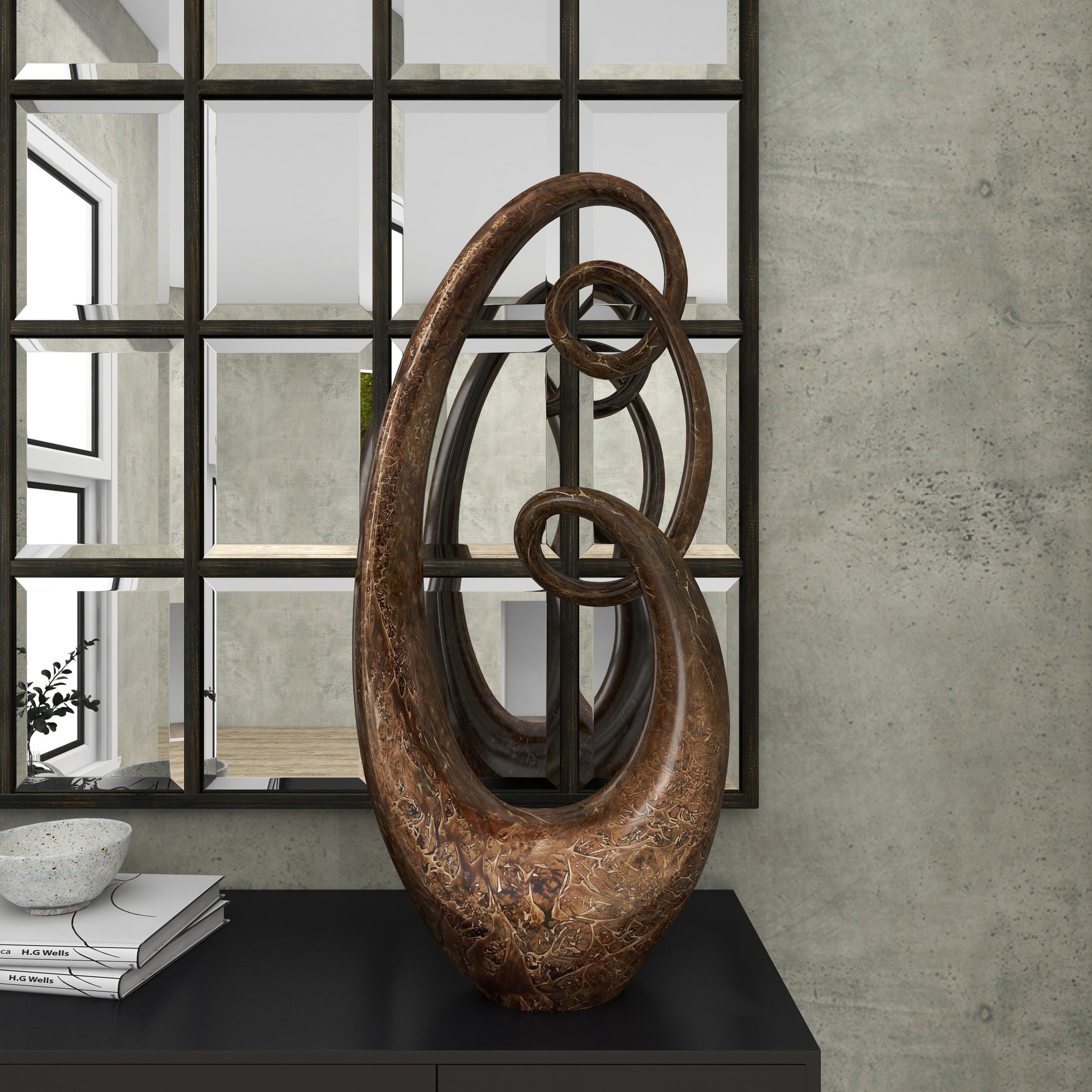 Abstract Brown Polystone Tall Textured Swirl Decorative Sculpture