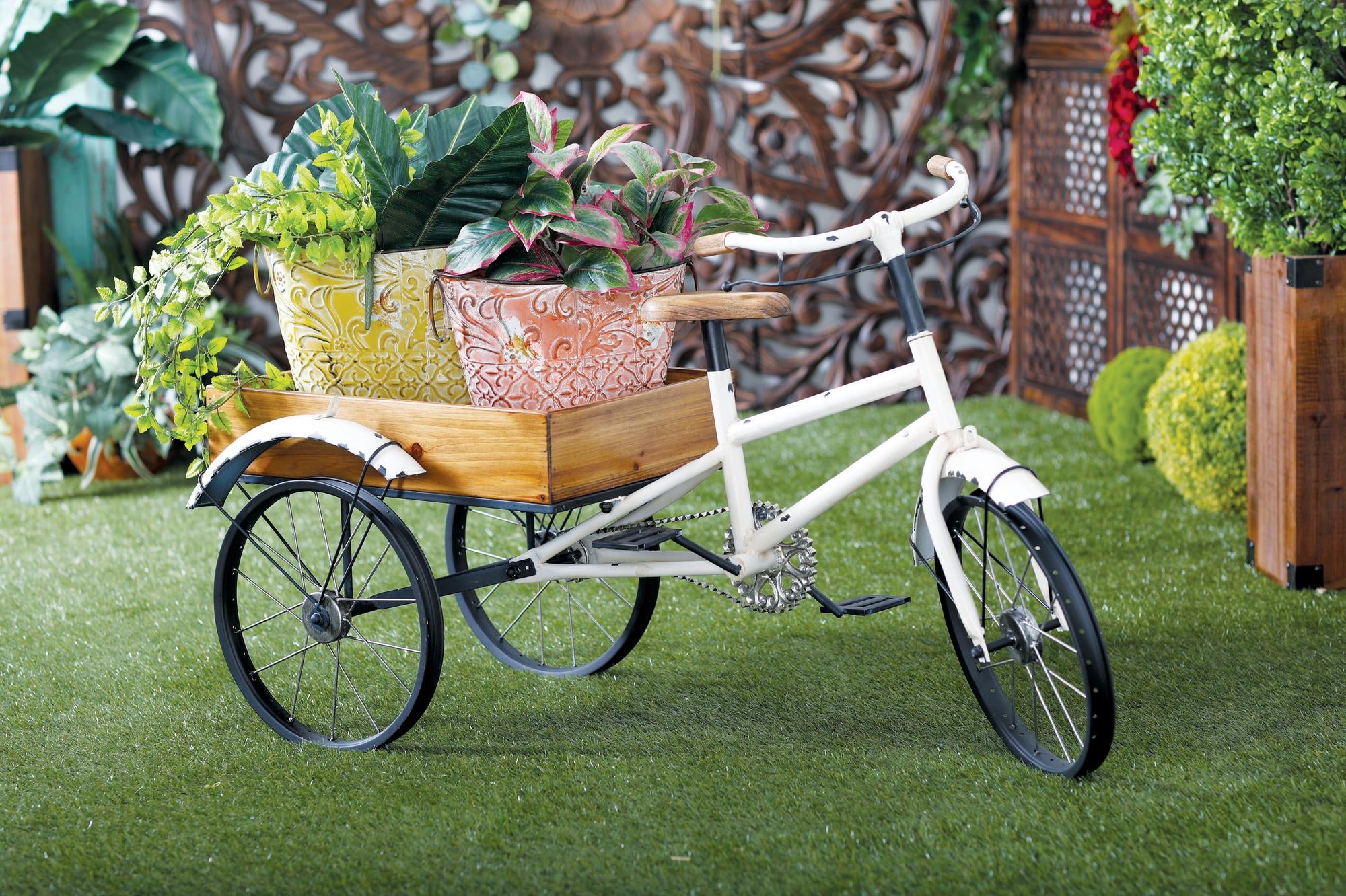 Bike White Metal Vintage Indoor Outdoor Plantstand with Brown Wood Accents