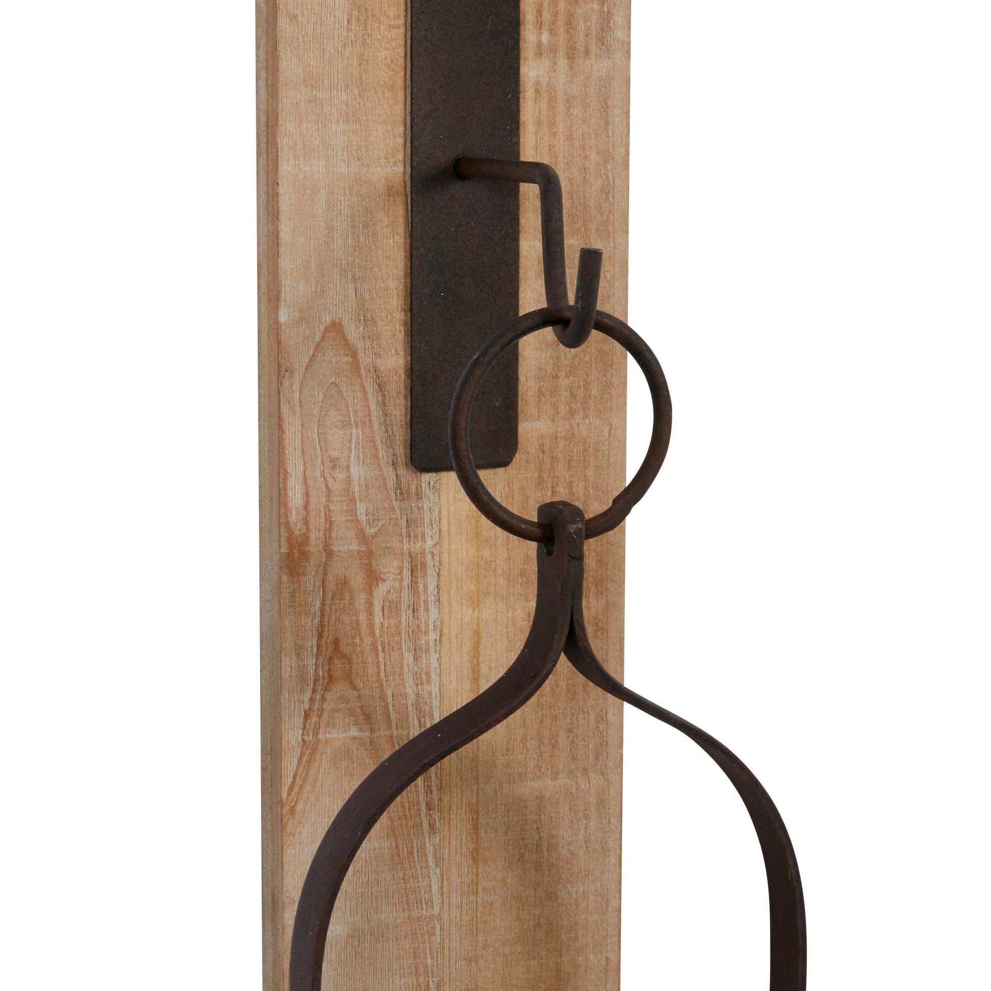 Abstract Brown Wood Indoor Outdoor Wall Sconce with Suspended Black Metal and Glass Holder