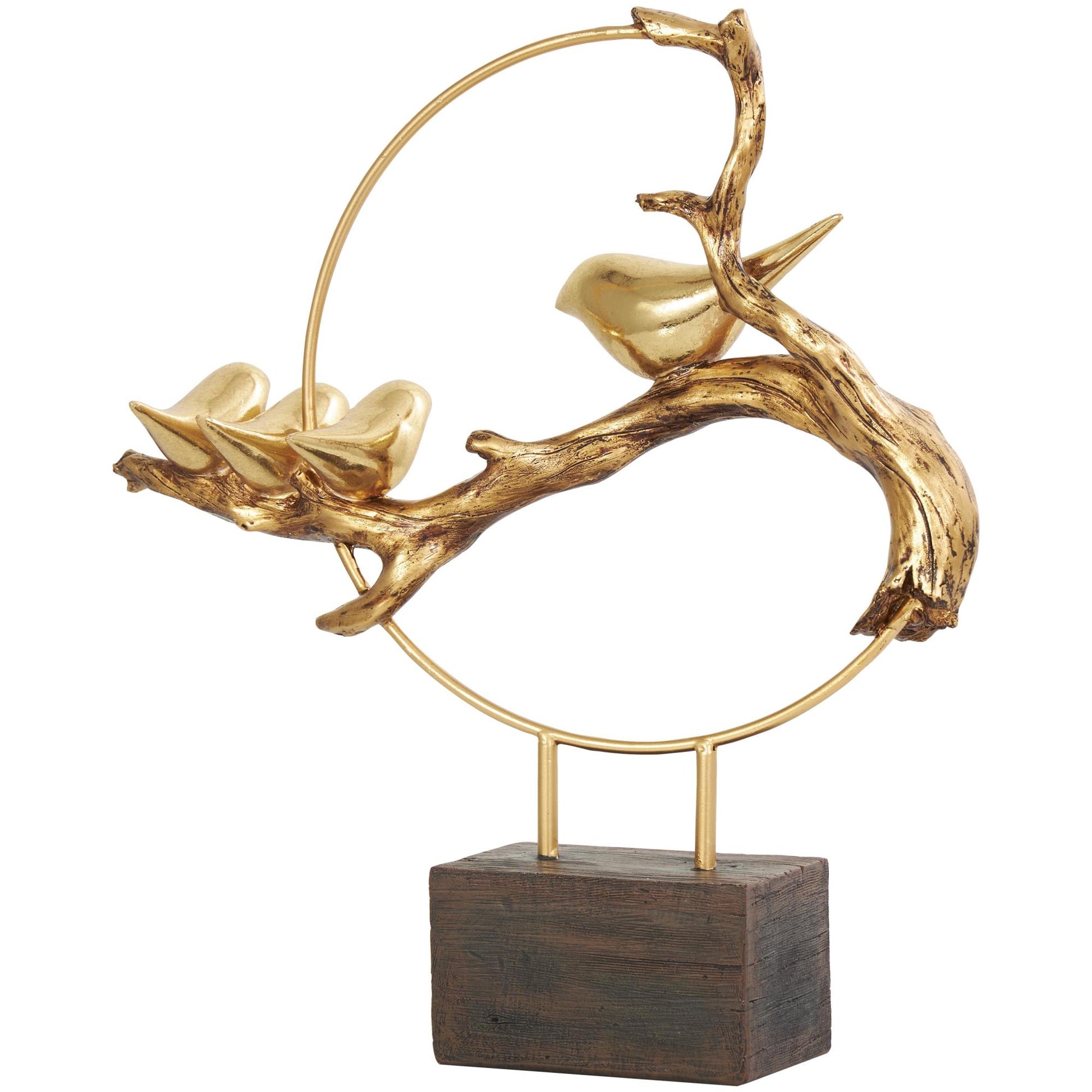 Bird Gold Polystone Family On A Branch Decorative Sculpture with Brown Block Base