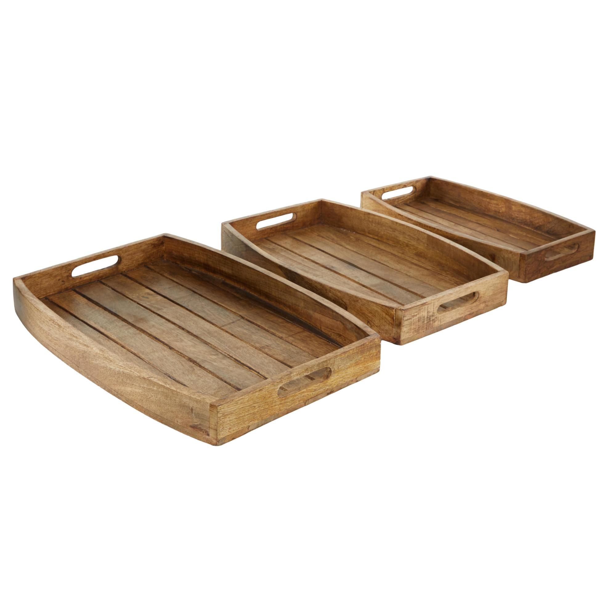 Set of 3 Brown Mango Wood Living Room Decor Tray with Slot Handles