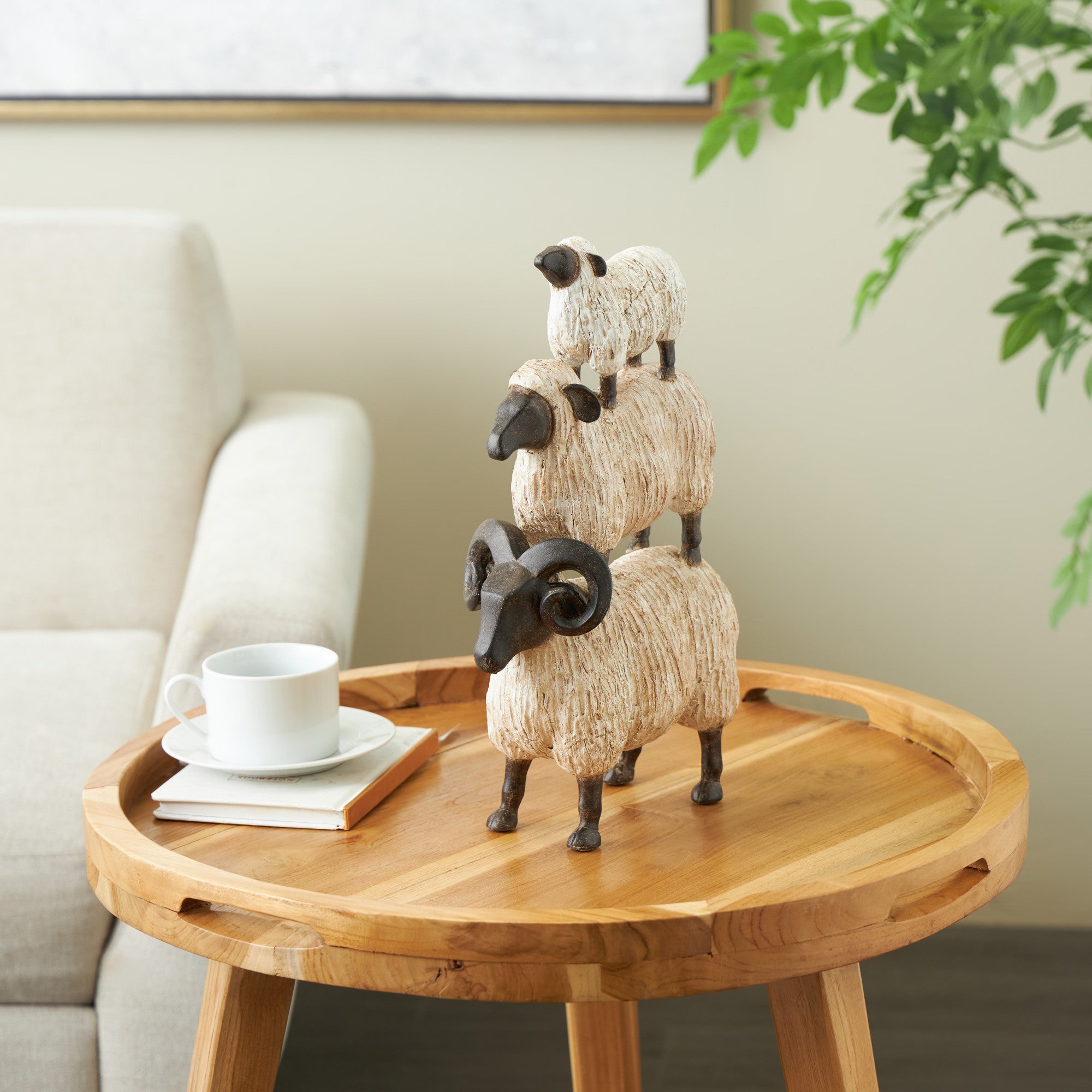 Sheep Cream Polystone Stacked Decorative Sculpture with Black Accents