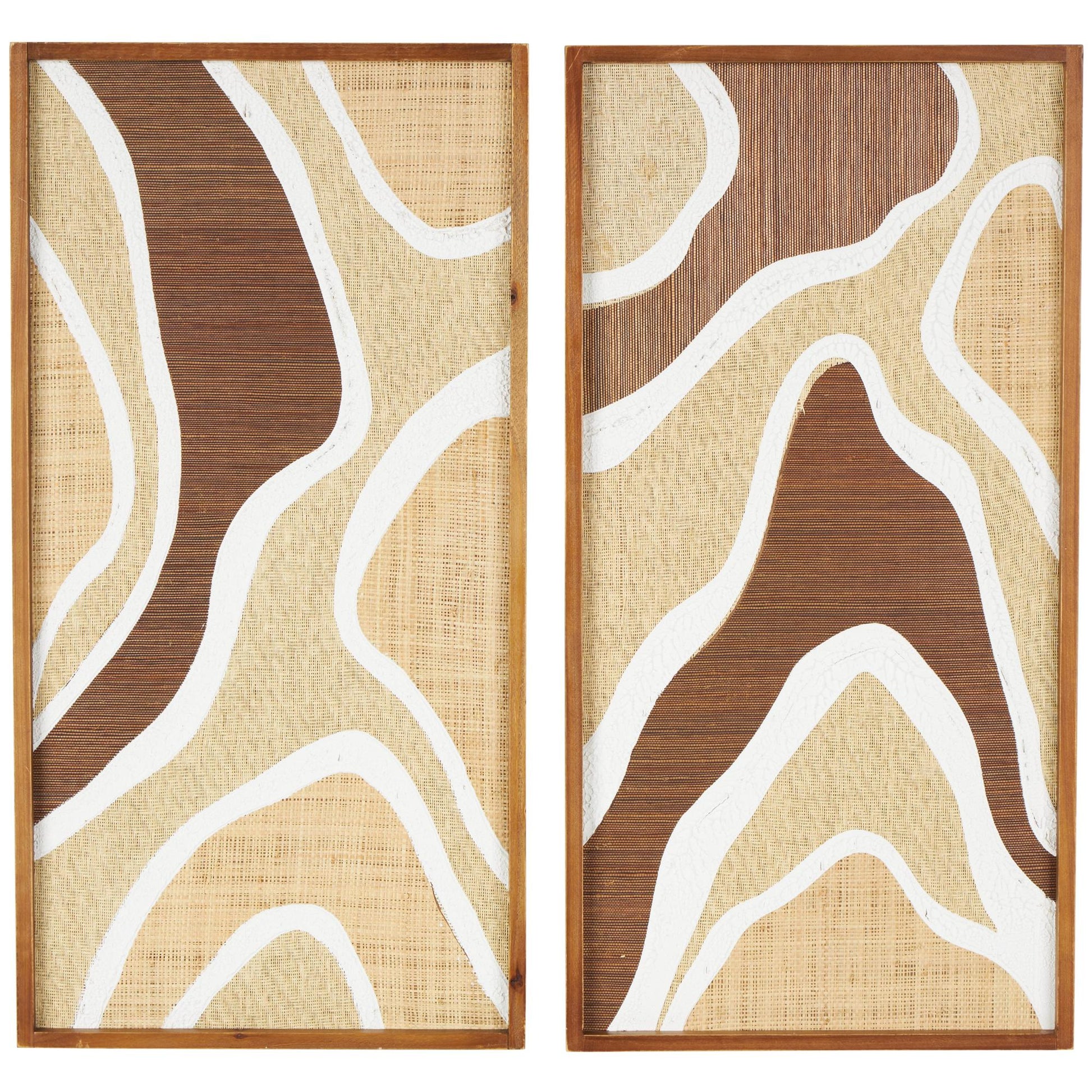 Set of 2 Abstract Brown Wood Textured Wavy Living Room Framed Wall Art with White and Tan Accents
