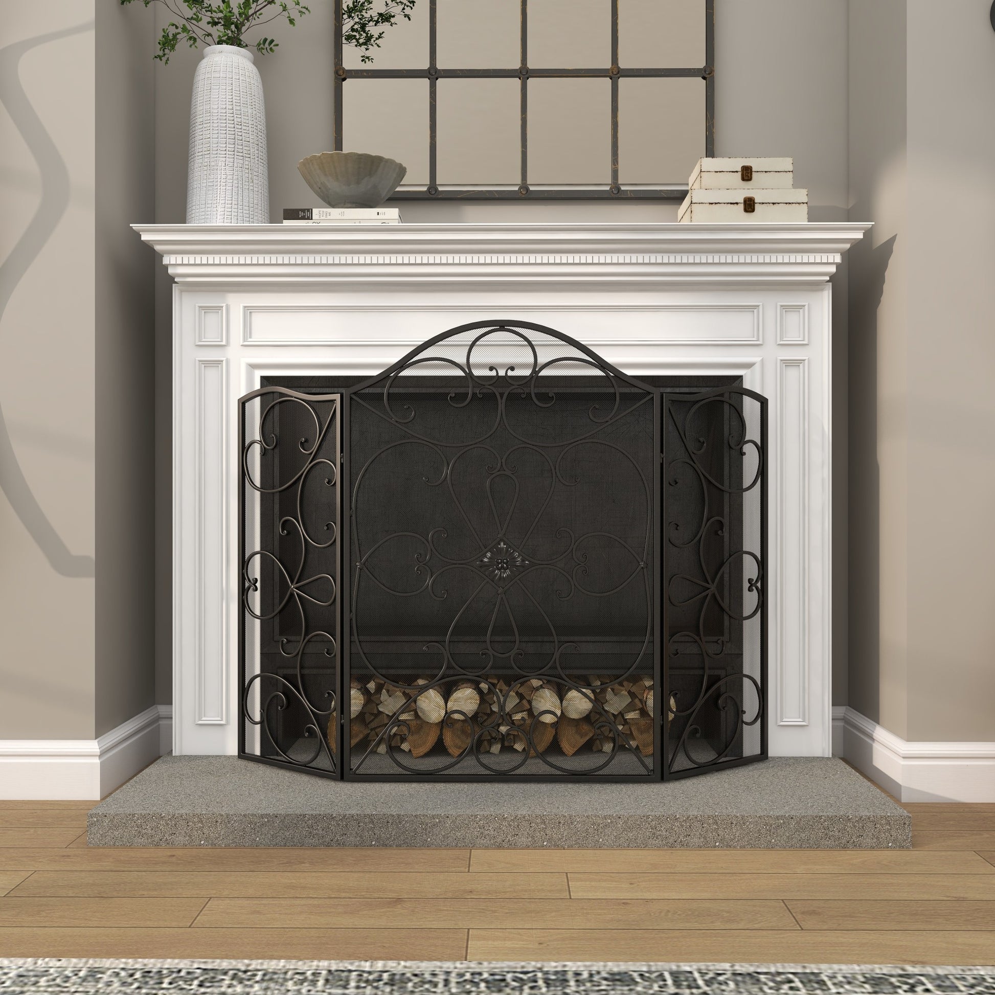 Scroll Black Metal Foldable 3 Panel Living Room Fireplace Screen with Mesh Netting