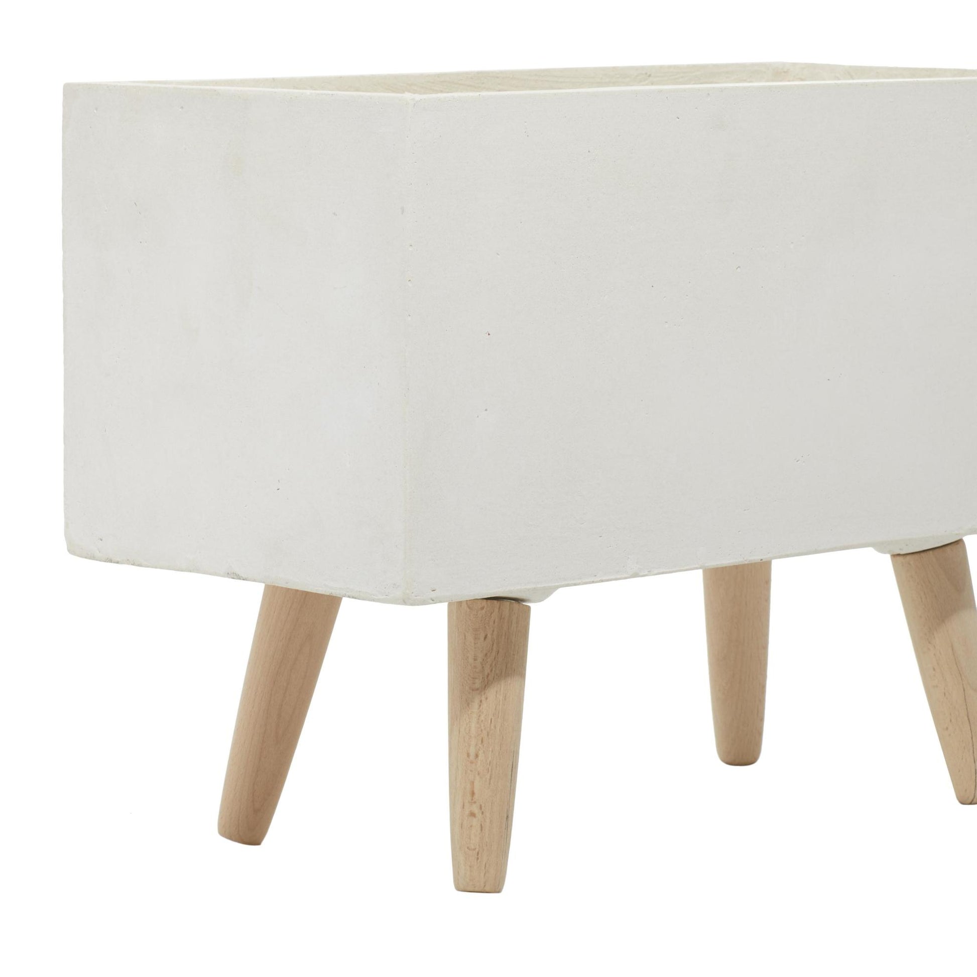 Set of 2 White Fiberclay Ceramic Rectangular Indoor Outdoor Planter with Brown Wooden Legs