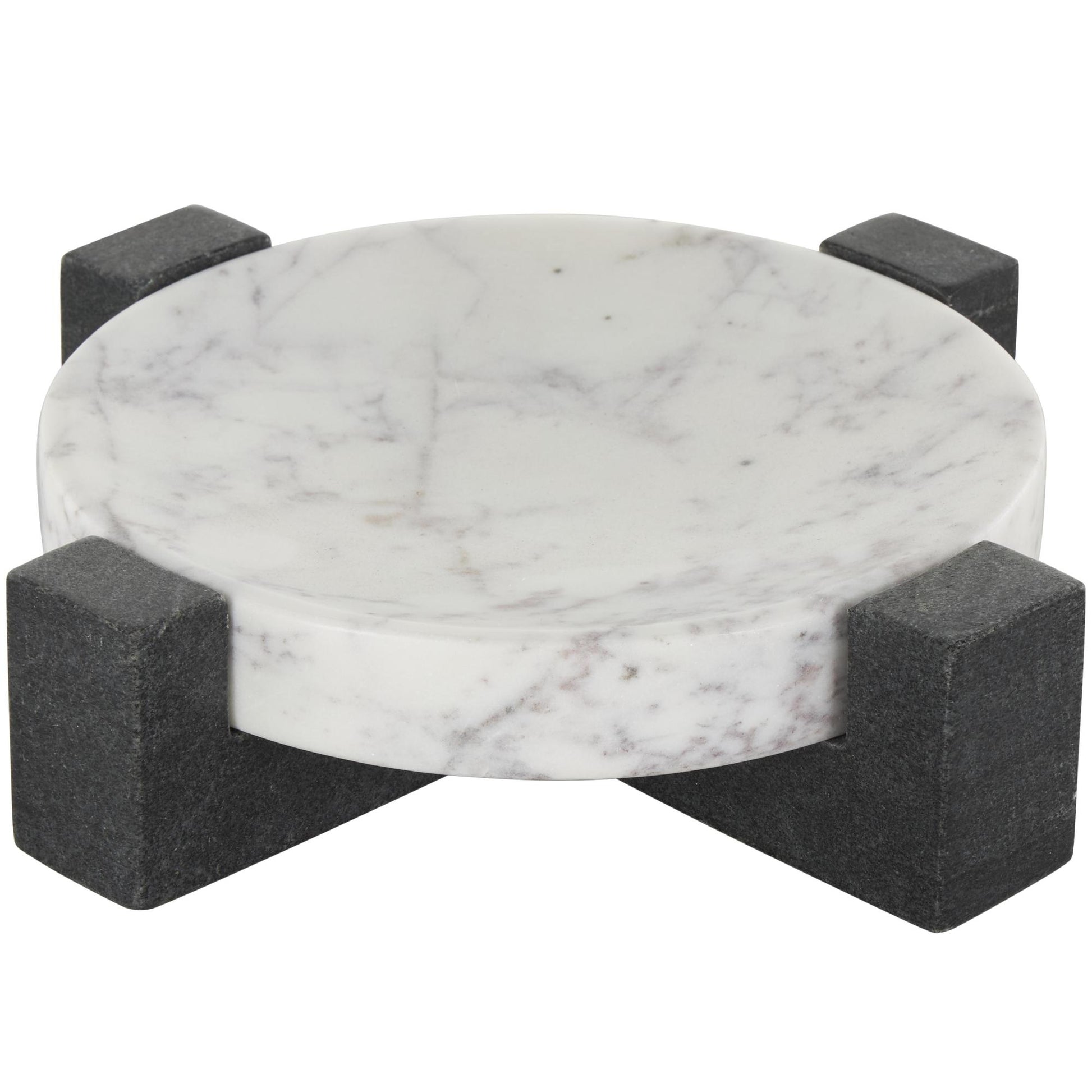 Geometric White Marble Round Living Room Decor Tray with Black X-Shaped Base