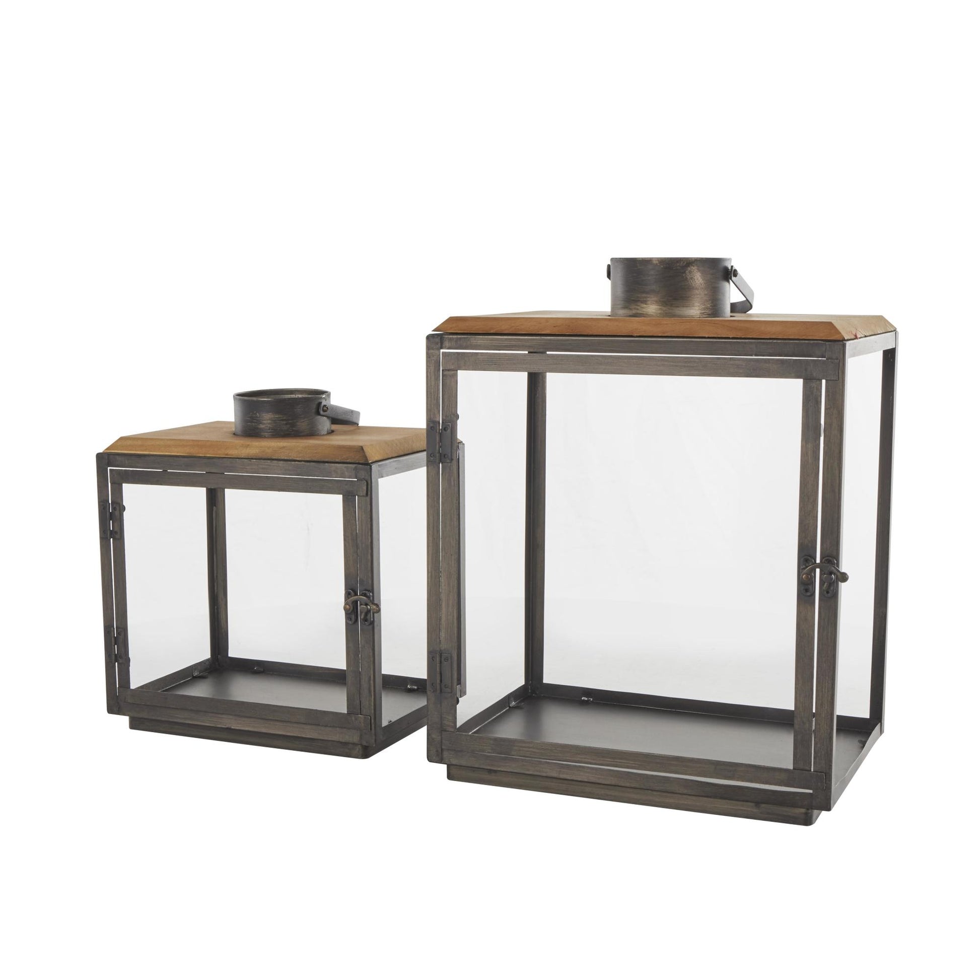 Set of 2 Dark Gray Metal Brushed Rectangular Indoor Outdoor Candle Lantern with Brown Wood Tops