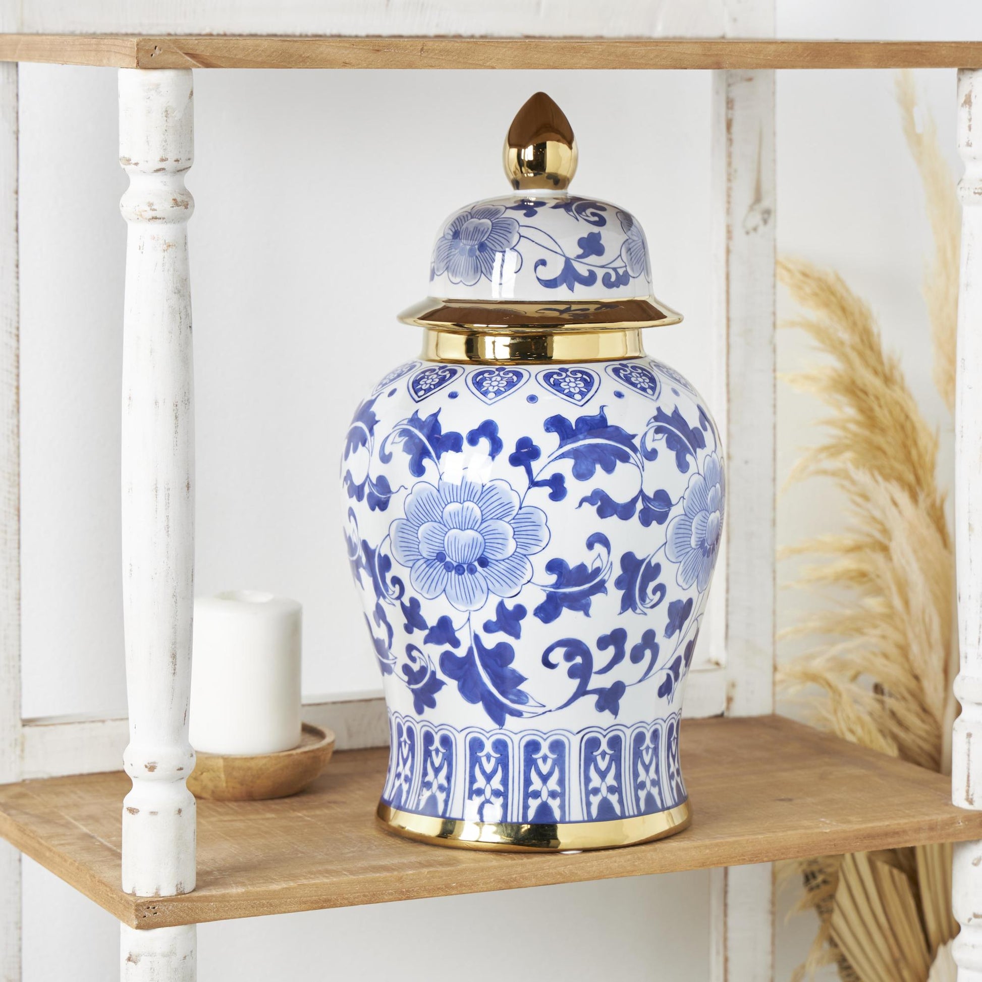 Floral Blue Ceramic Living Room Decorative Jars with Cream and Gold Accents