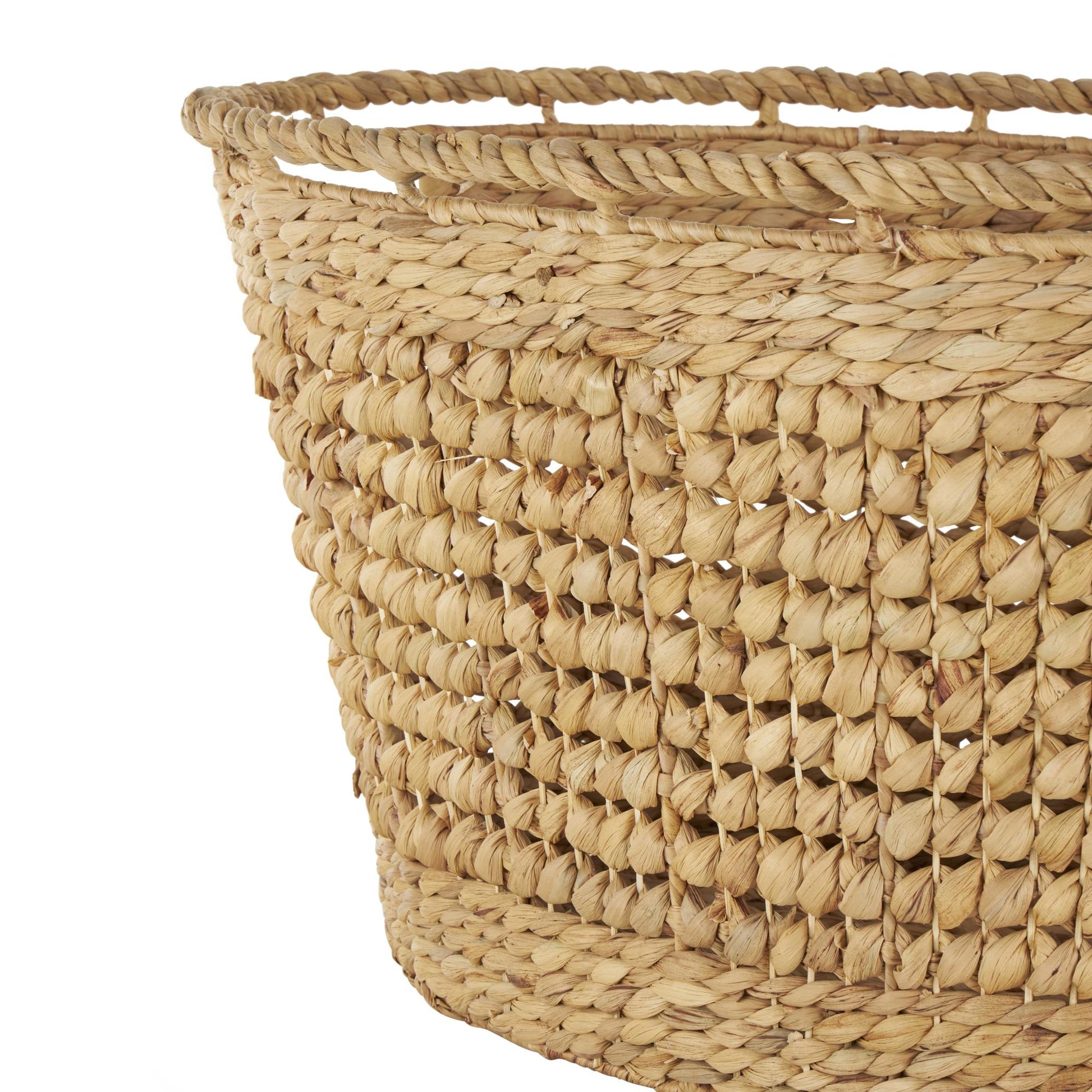 Brown Seagrass Handmade Woven Oval Decorative and Functional Storage Basket with Elevated Rim and Slot Handles