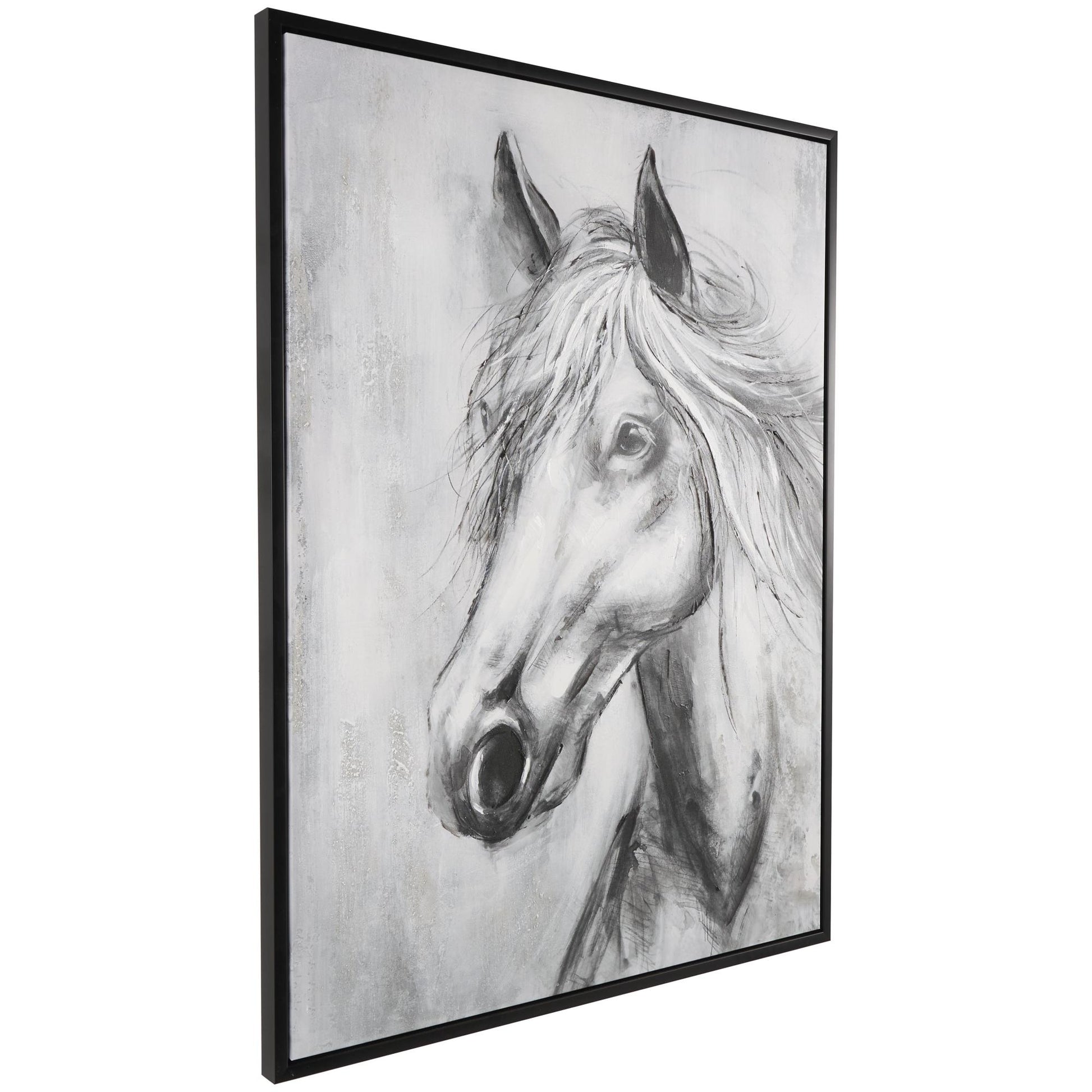 Horse Black Canvas Hand Drawn Inspired Shaded Living Room Framed Wall Art with White Background