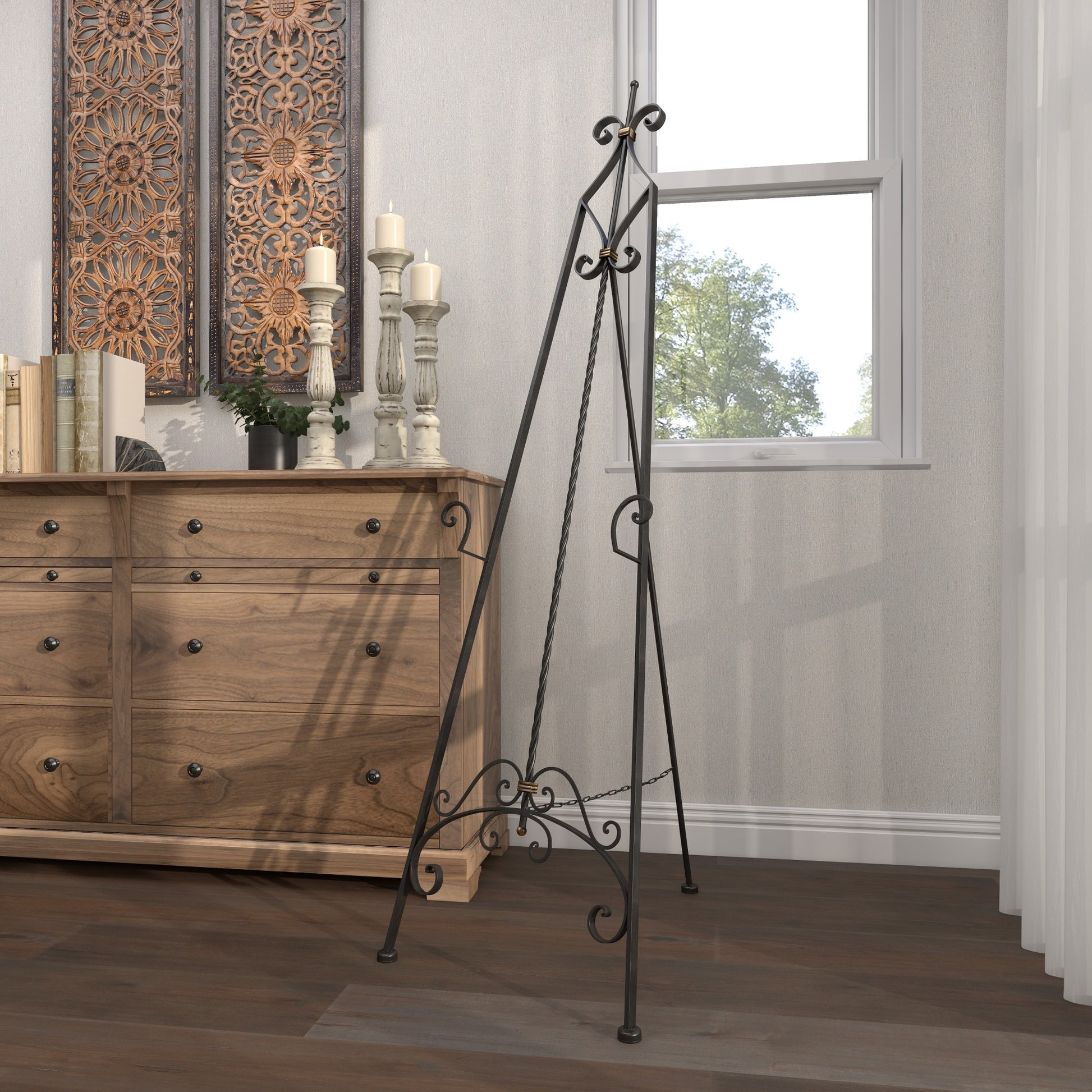 Scroll Black Metal Tall Adjustable Display Easel with Gold Accents