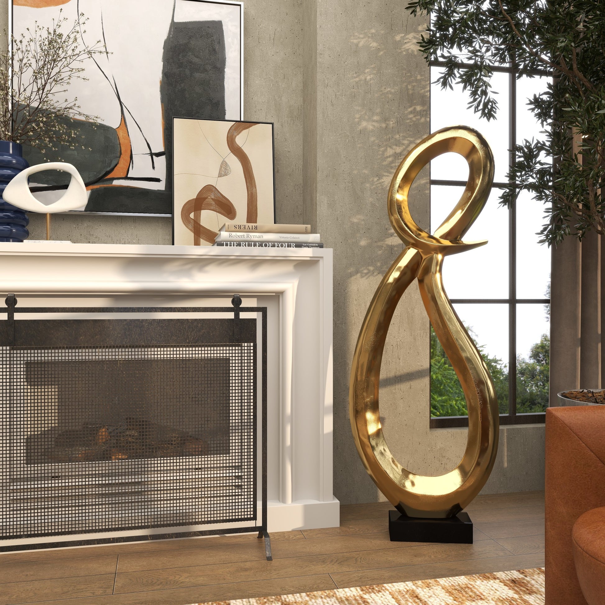 Abstract Aluminum Metal Tall Looped Floor Decorative Sculpture with Black Marble Base