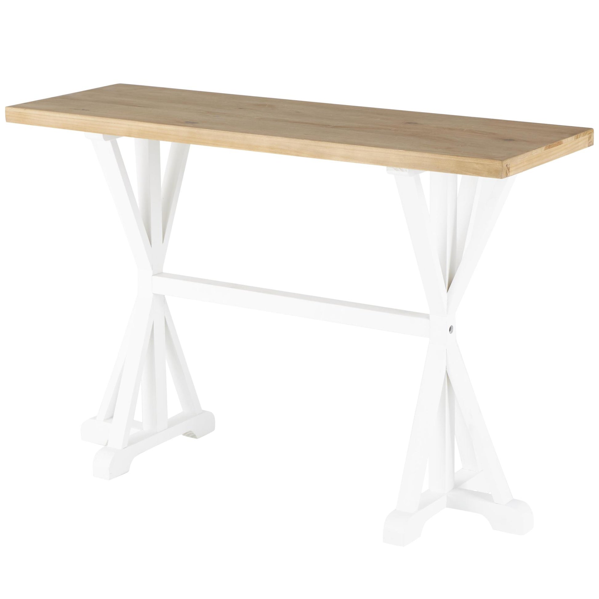 White Wood Rectangular Living Room Console Table with Angled Legs and Brown Tabletop