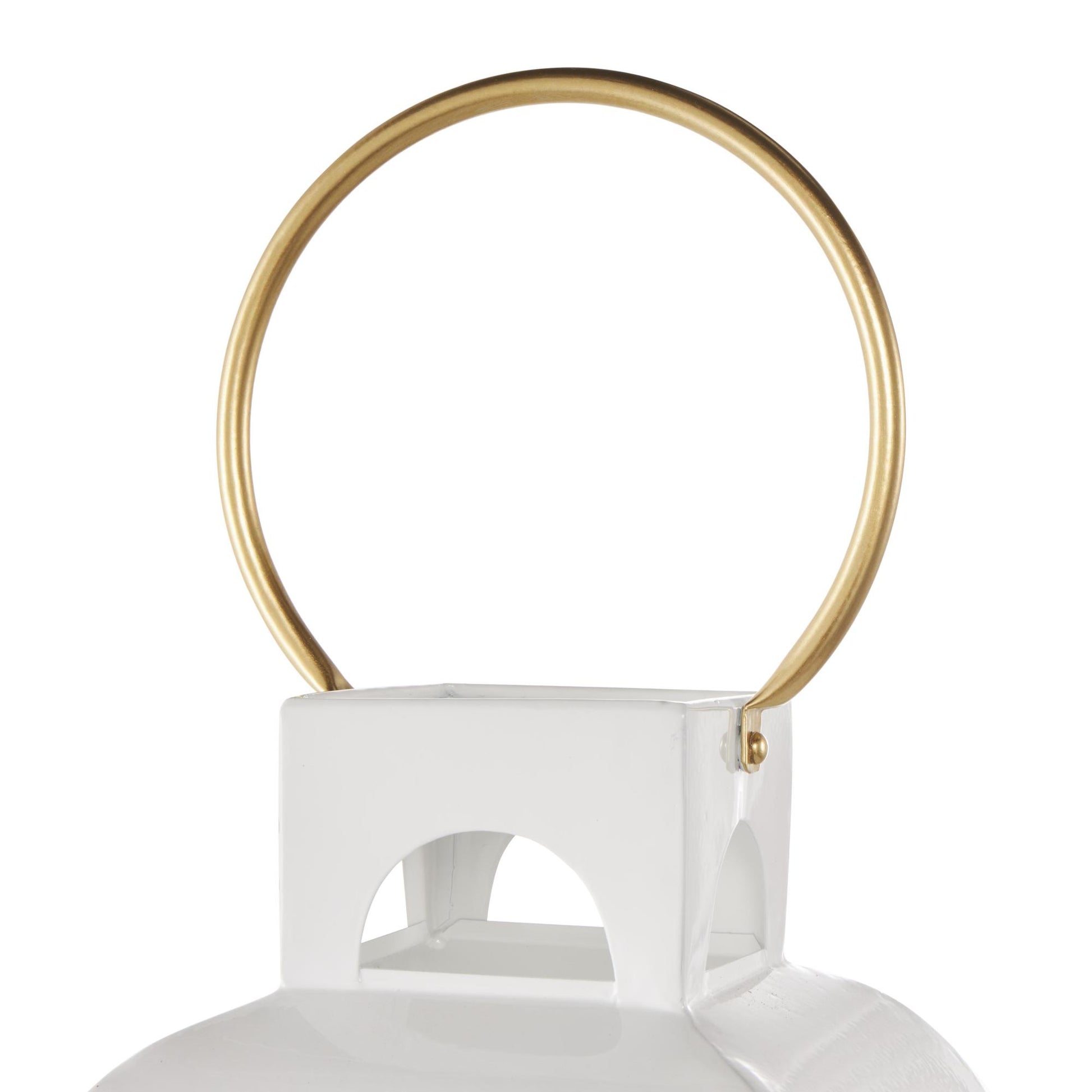 White Metal Tall Arched Cutout Indoor Outdoor Candle Lantern with Gold Handle