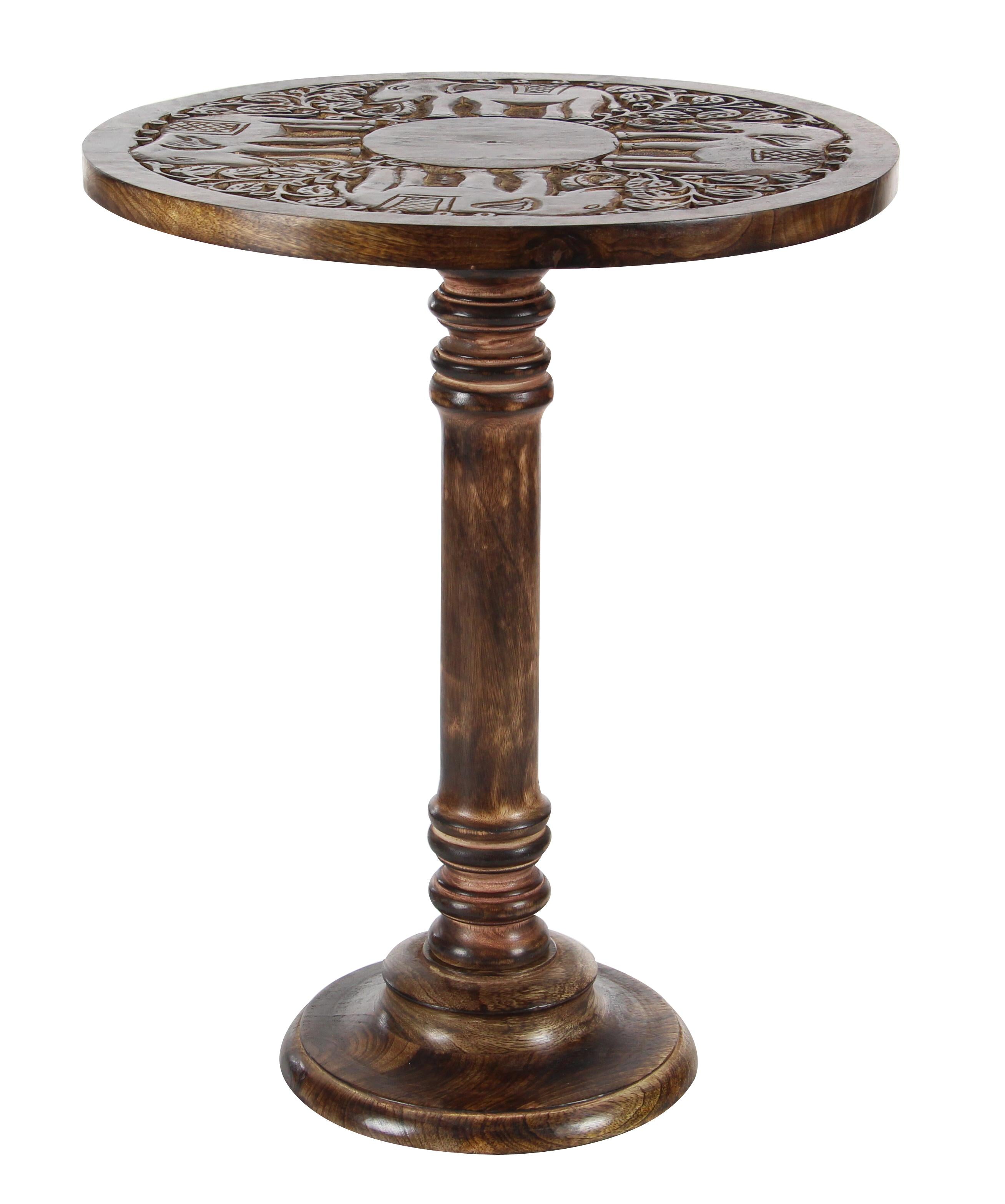 Elephant Mango Wood Handmade Intricately Carved Side End Accent Table with Turned Base