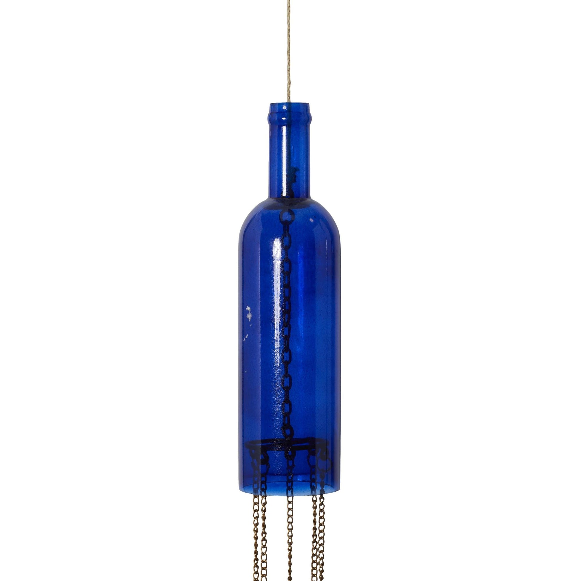 Blue Glass Handmade Bottle Indoor Outdoor Windchime with Beads and Cone Bells