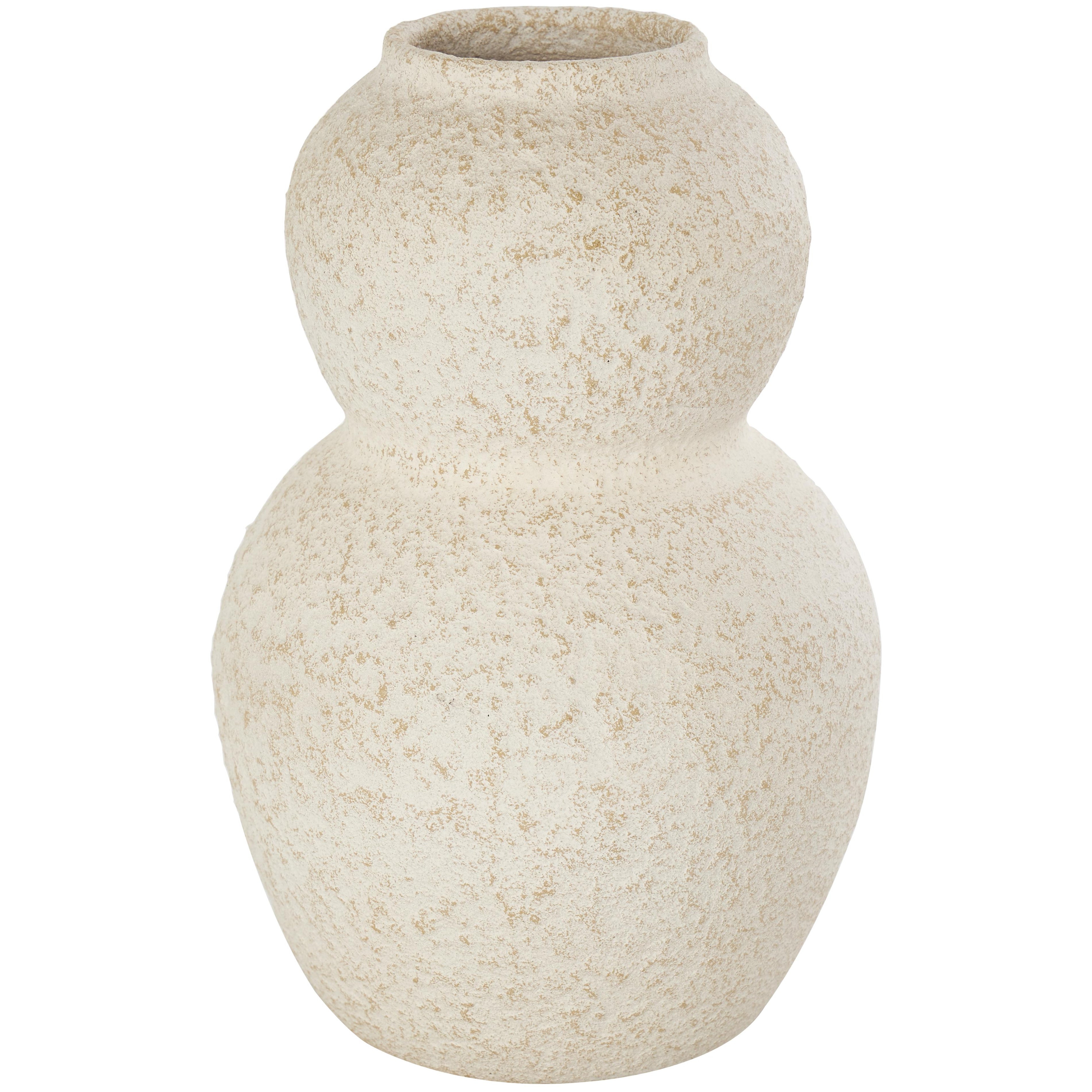 Cream Ceramic Hourglass Textured Decorative Vase with Brown Distressing