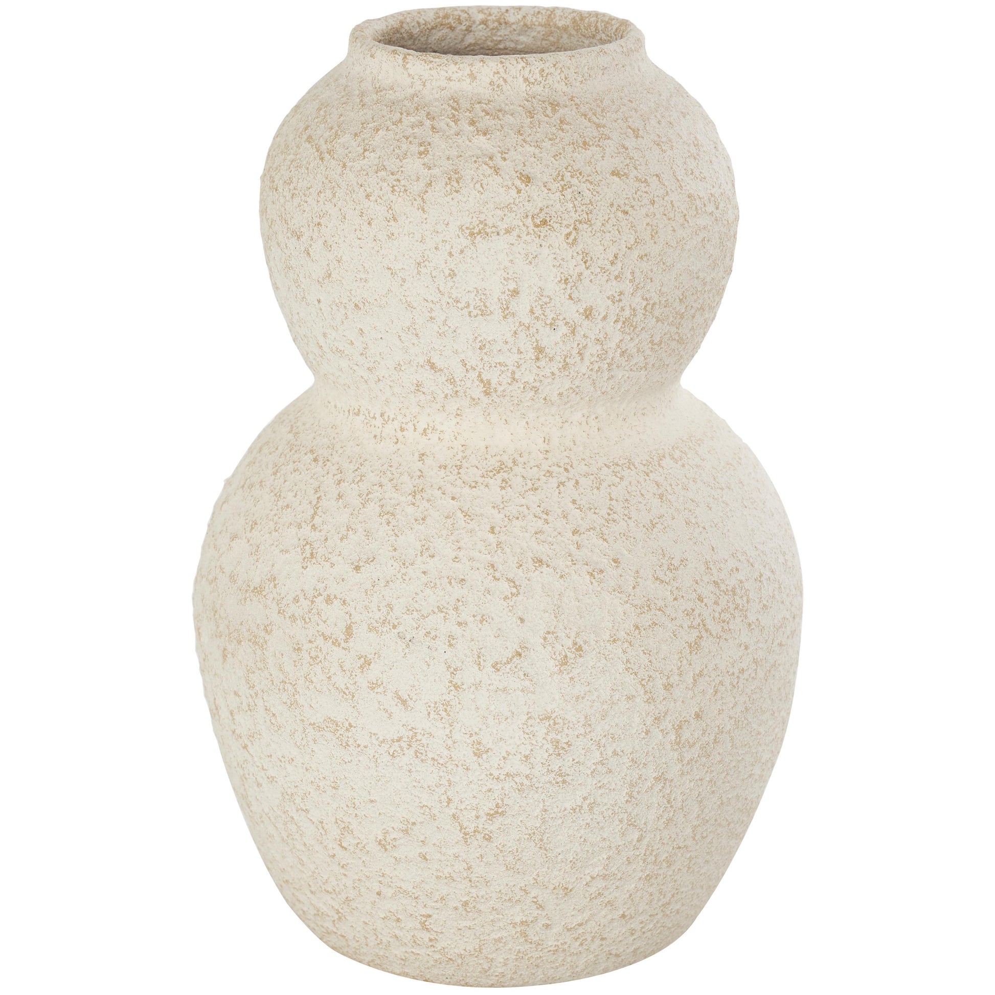 Cream Ceramic Hourglass Textured Decorative Vase with Brown Distressing