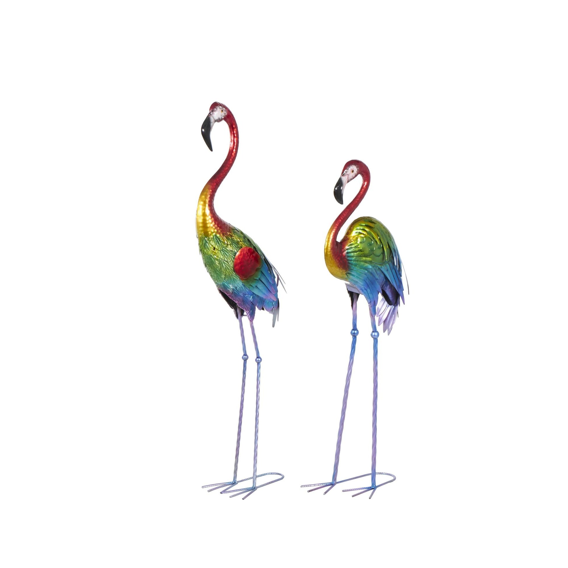 Set of 2 Flamingo Multi Colored Metal Tall Textured Rainbow Decorative Garden Sculpture