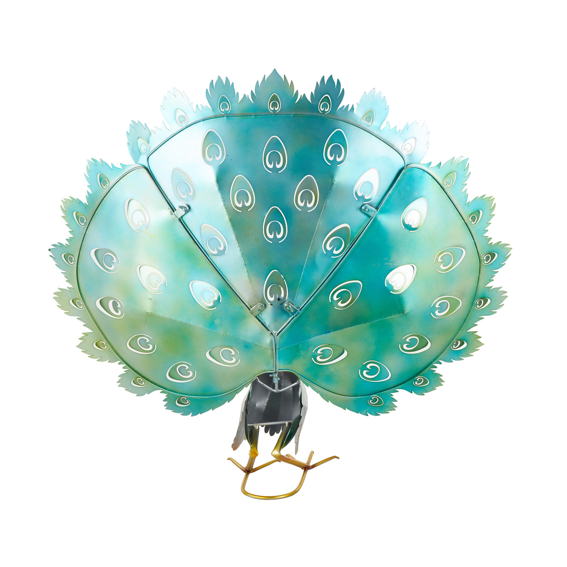 Peacock Blue Metal Decorative Garden Sculpture with Gold Legs and Teal Wings