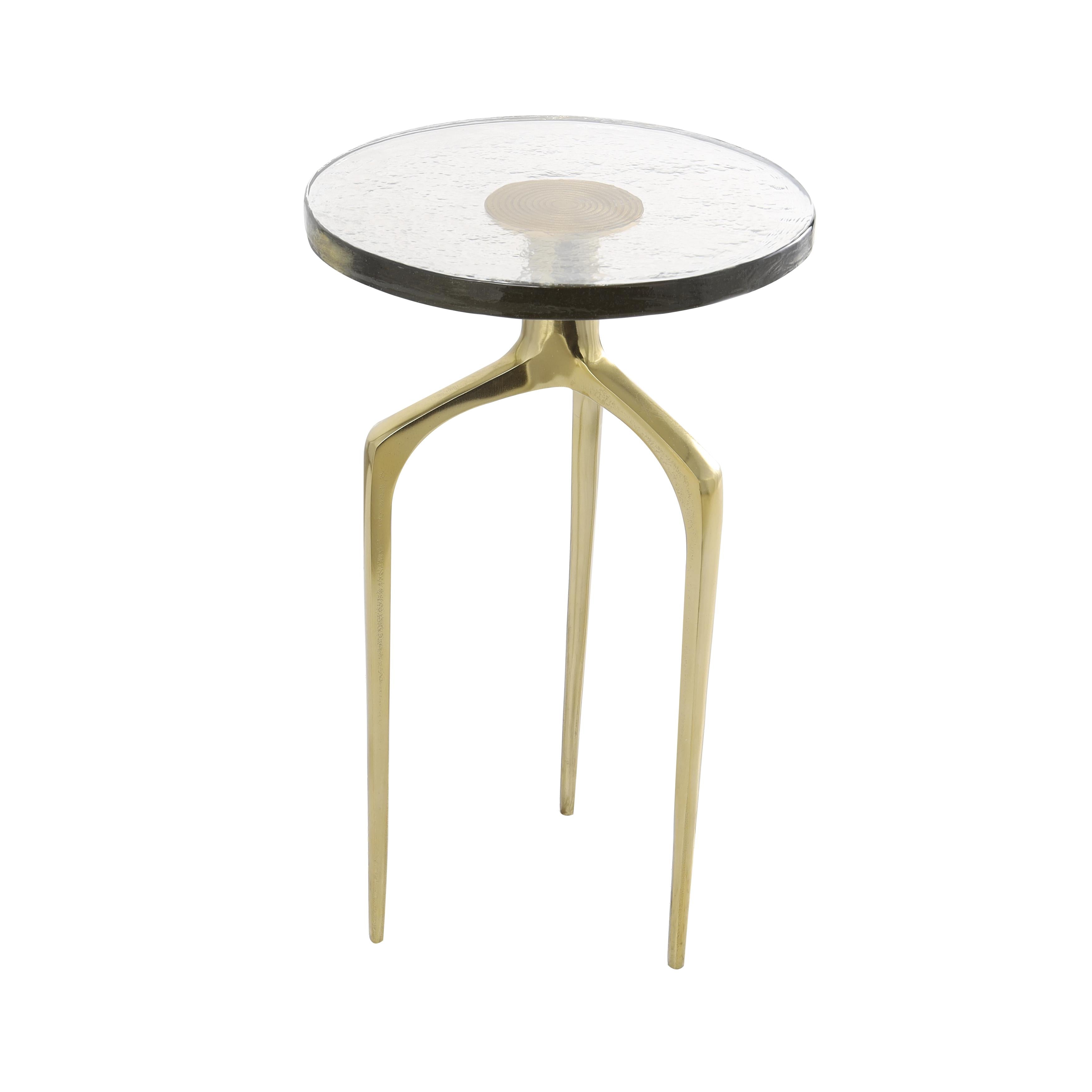 Aluminum Metal Small Tripod Side End Accent Table with Textured Glass Tabletop