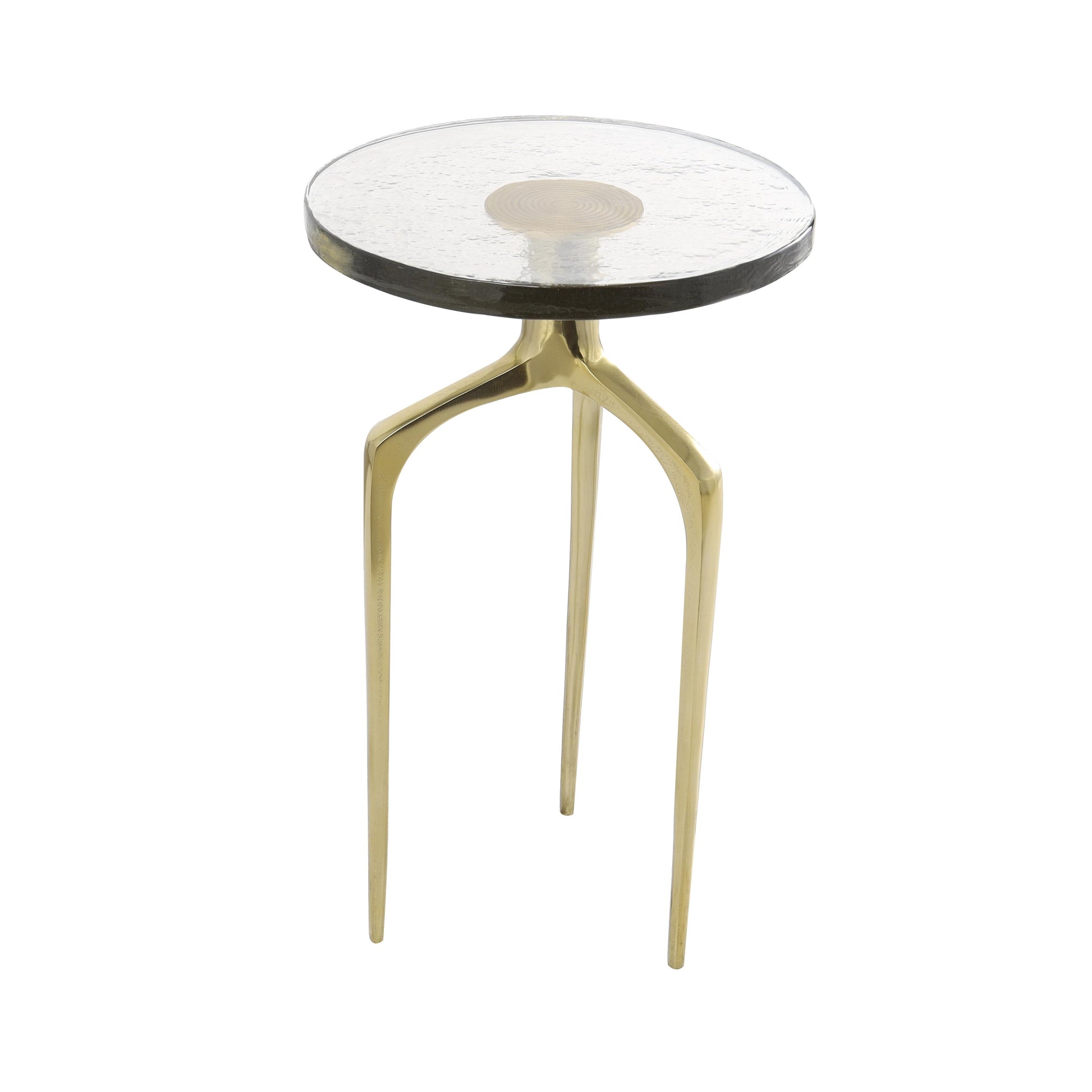 Aluminum Metal Small Tripod Side End Accent Table with Textured Glass Tabletop