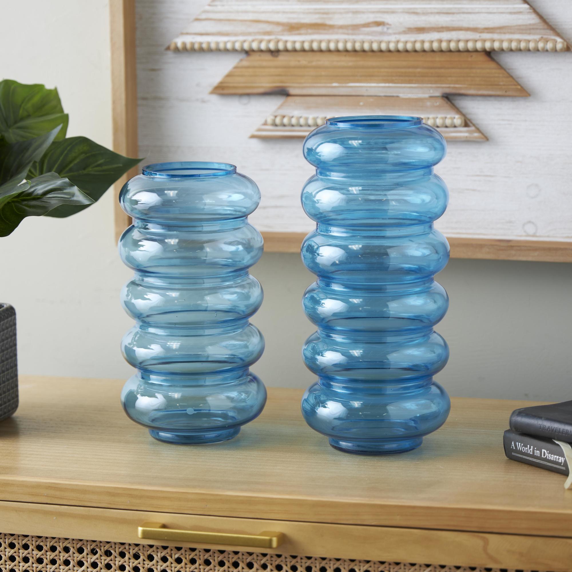 Set of 2 Blue Glass Bubble Decorative Vase