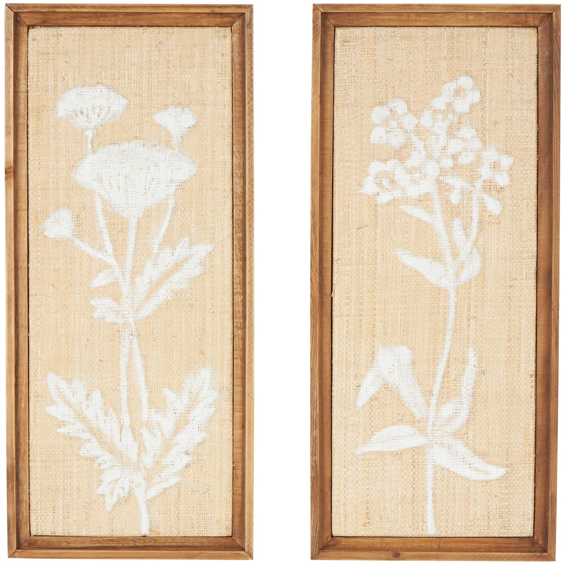 Set of 2 Floral Cream Wood Textured Living Room Framed Wall Art with White Painted Accents