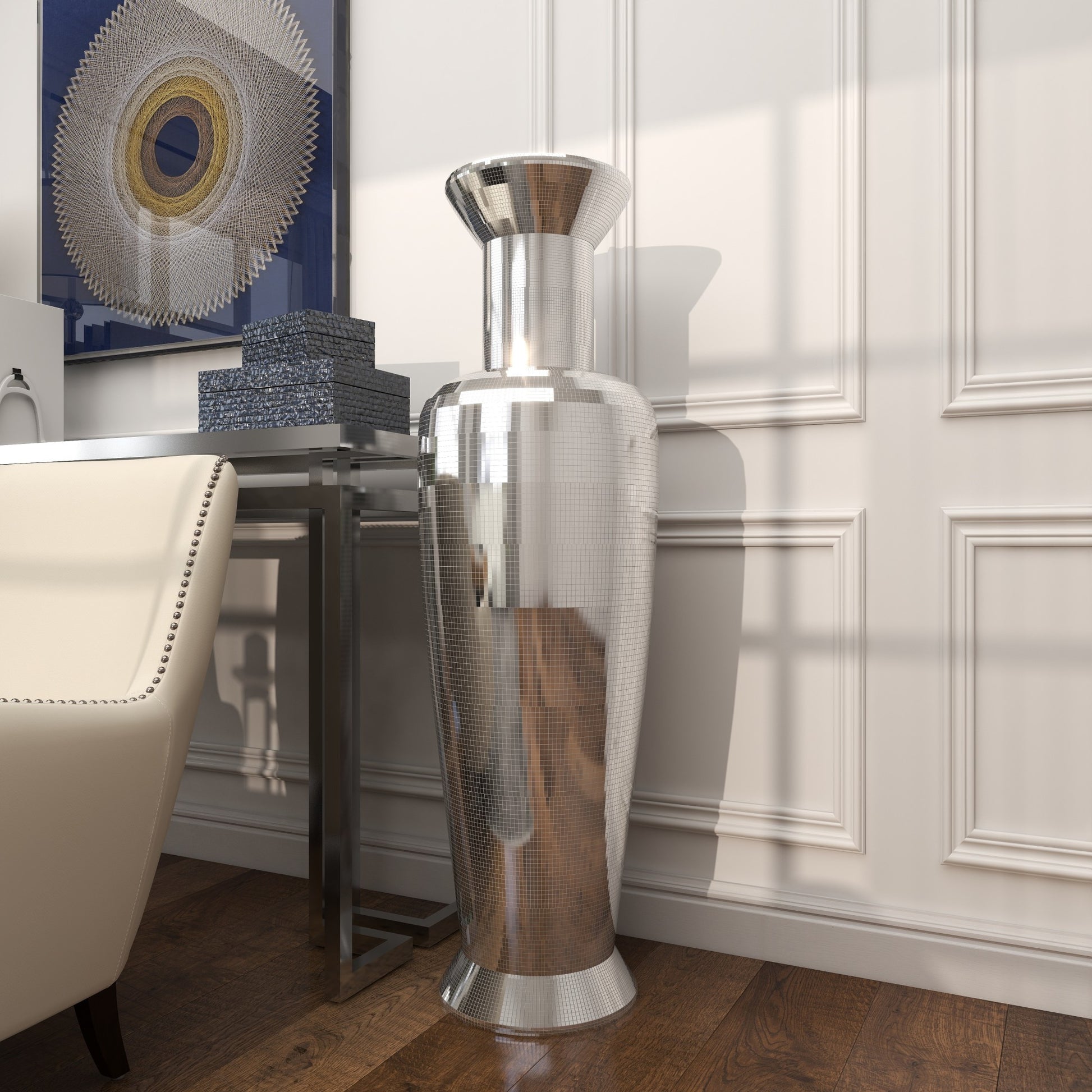 Silver Polystone Tall Floor Decorative Vase with Mosaic Mirror Inlay