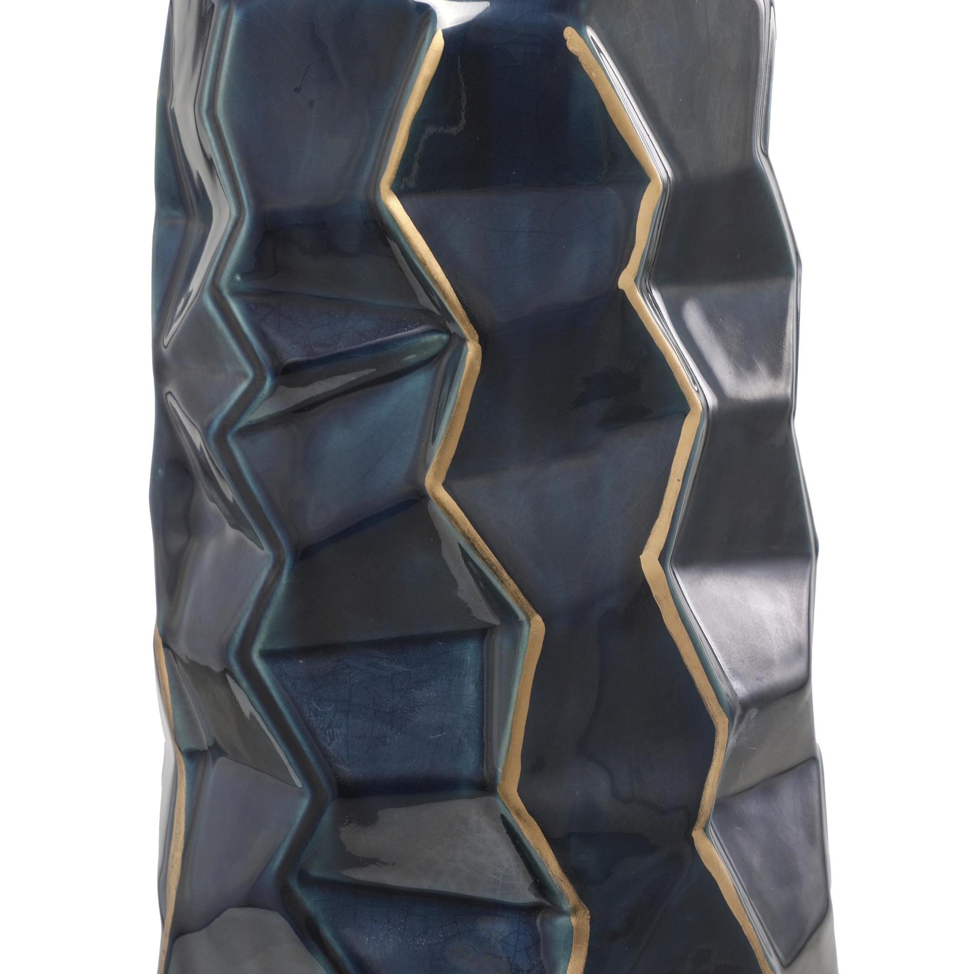 Teal Ceramic Geometric Floor Decorative Vase with Gold Accents