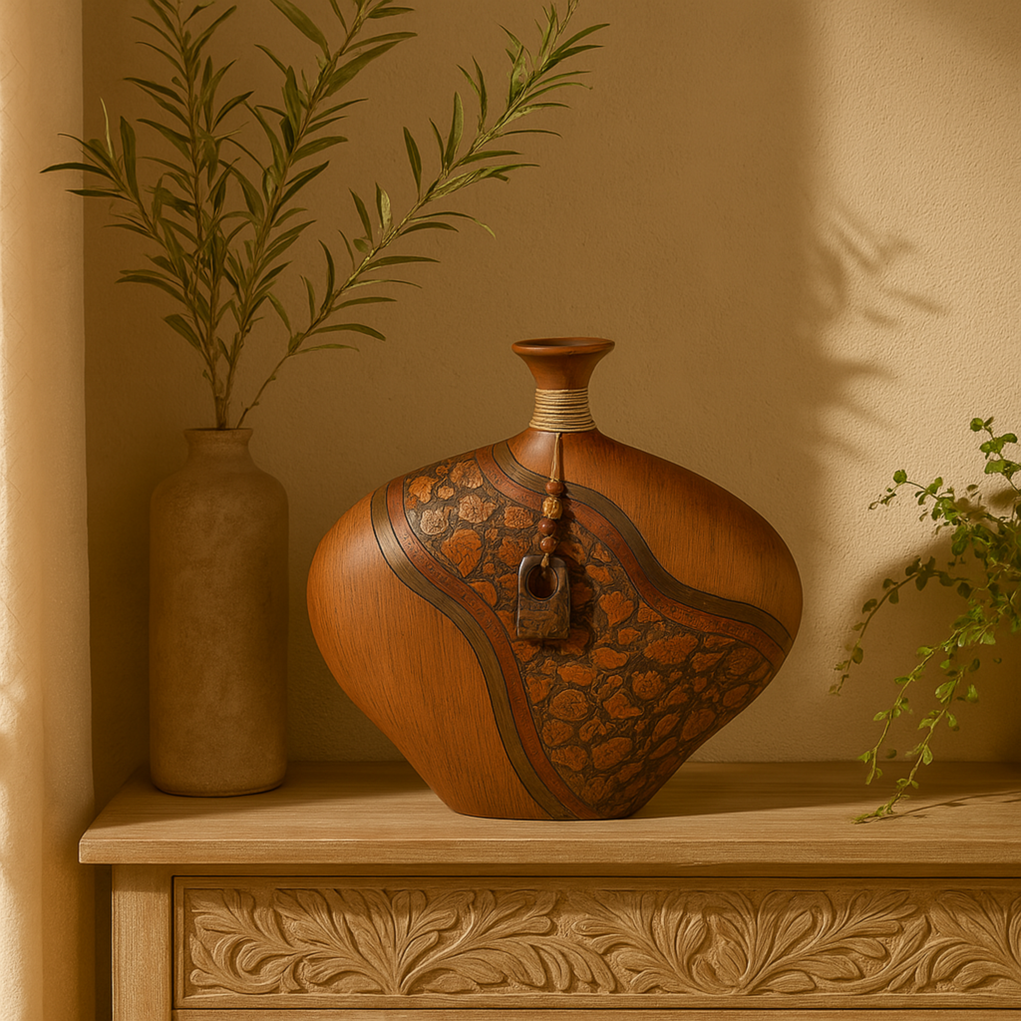 Abstract Brown Polystone Decorative Vase with Embossed Details