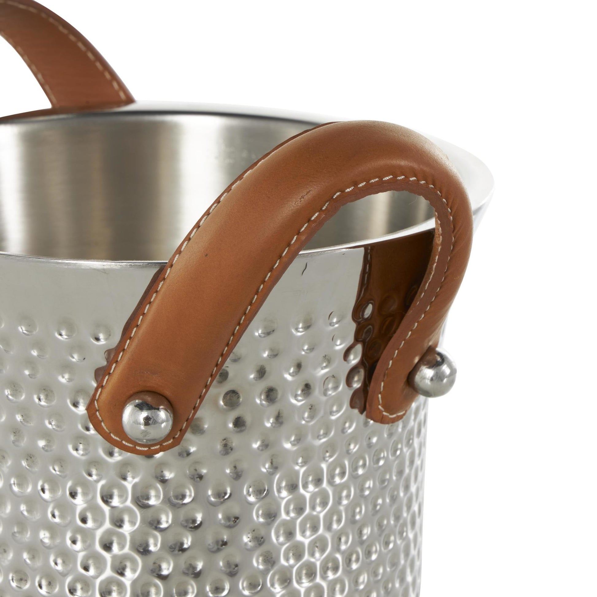 Silver Stainless Steel Metal Hammered Decorative Ice Bucket with Brown Leather Handles