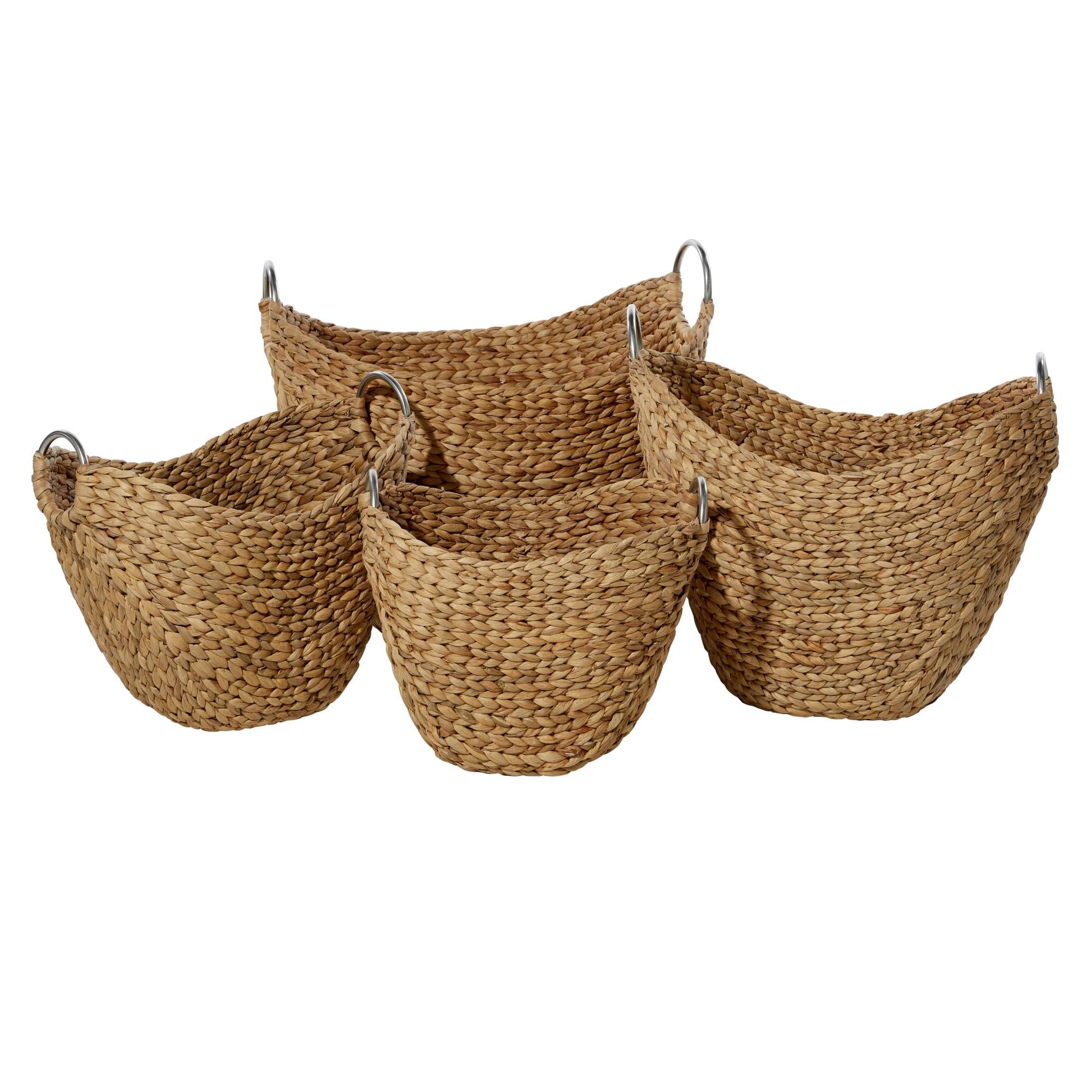 Set of 4 Brown Seagrass Handmade Woven Curved Decorative and Functional Storage Basket with Silver Metal Handles