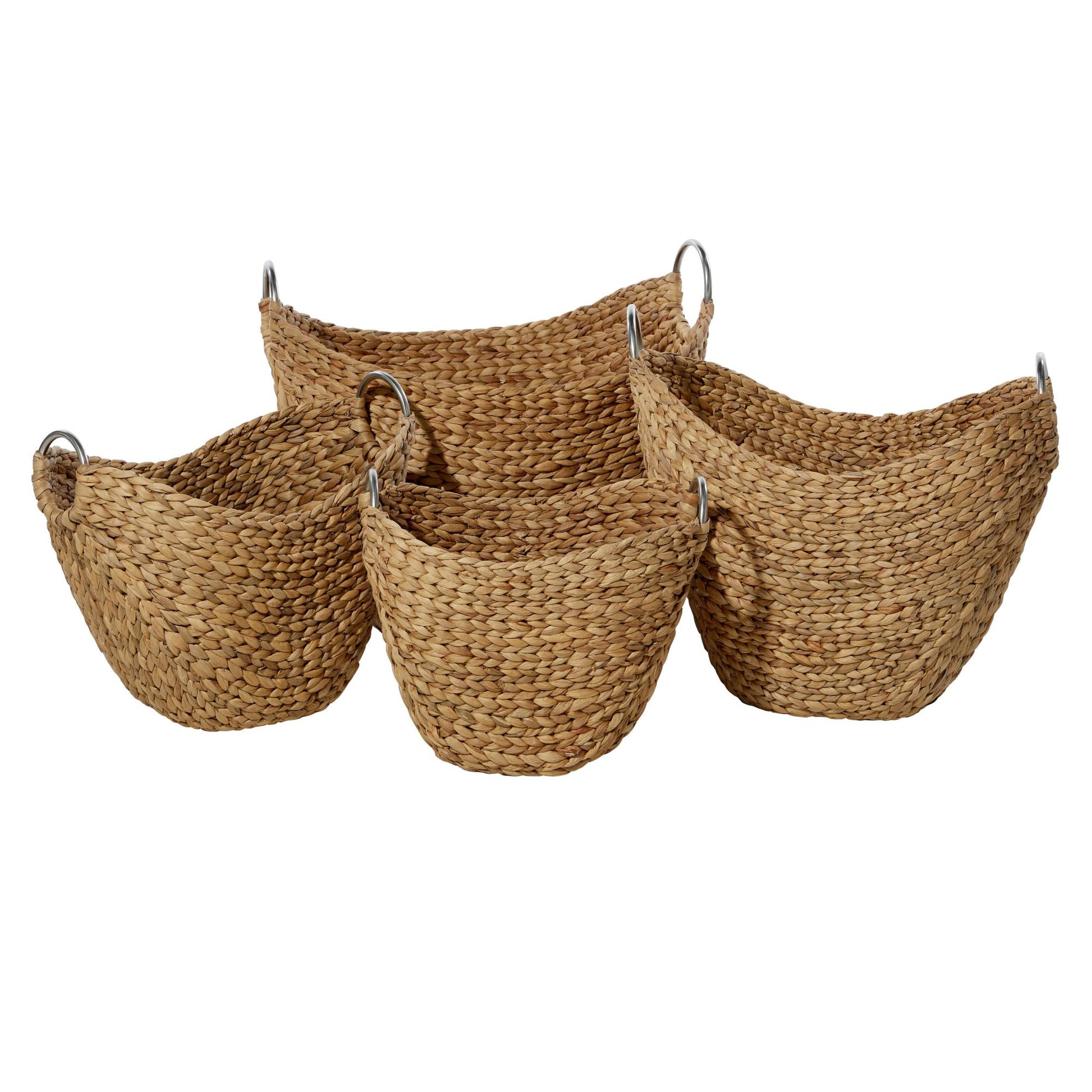 Set of 4 Brown Seagrass Handmade Woven Curved Decorative and Functional Storage Basket with Silver Metal Handles