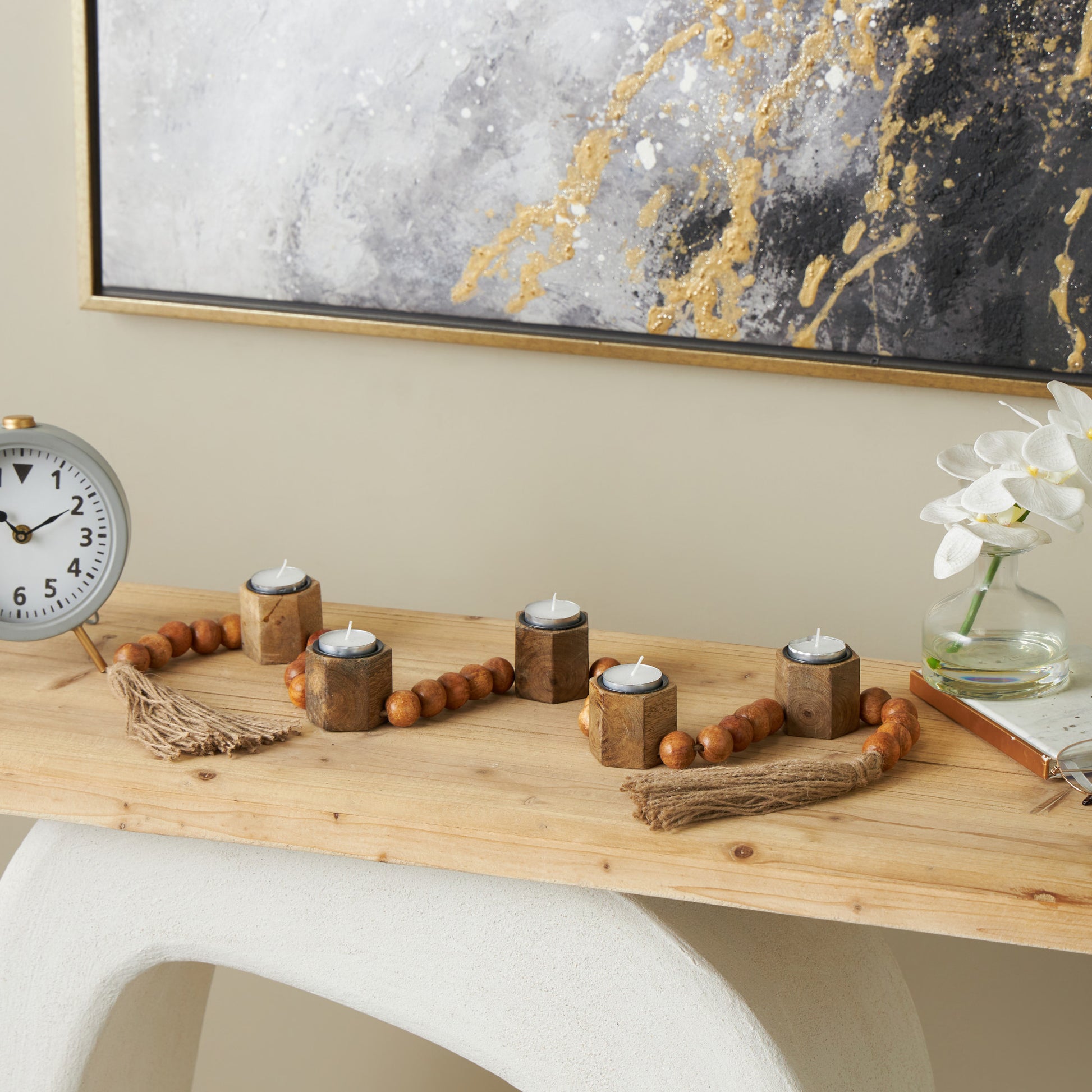 Mango Wood Garland Decorative Candle Holder with Brown Tassel