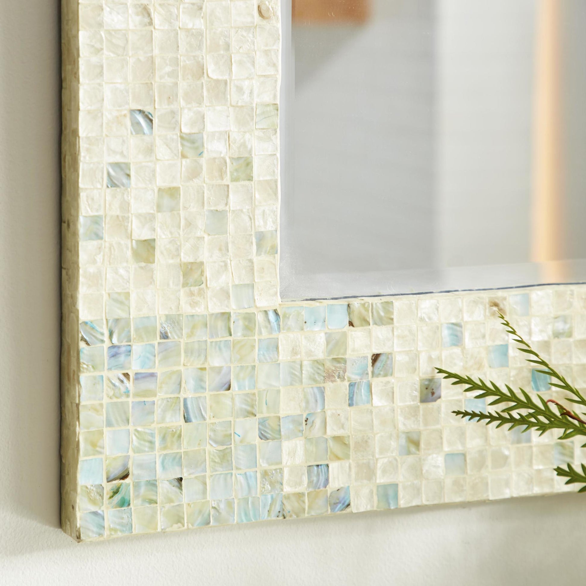 Cream Mother of Pearl Shell Handmade Mosaic Room Wall Mirror with Blue Corners