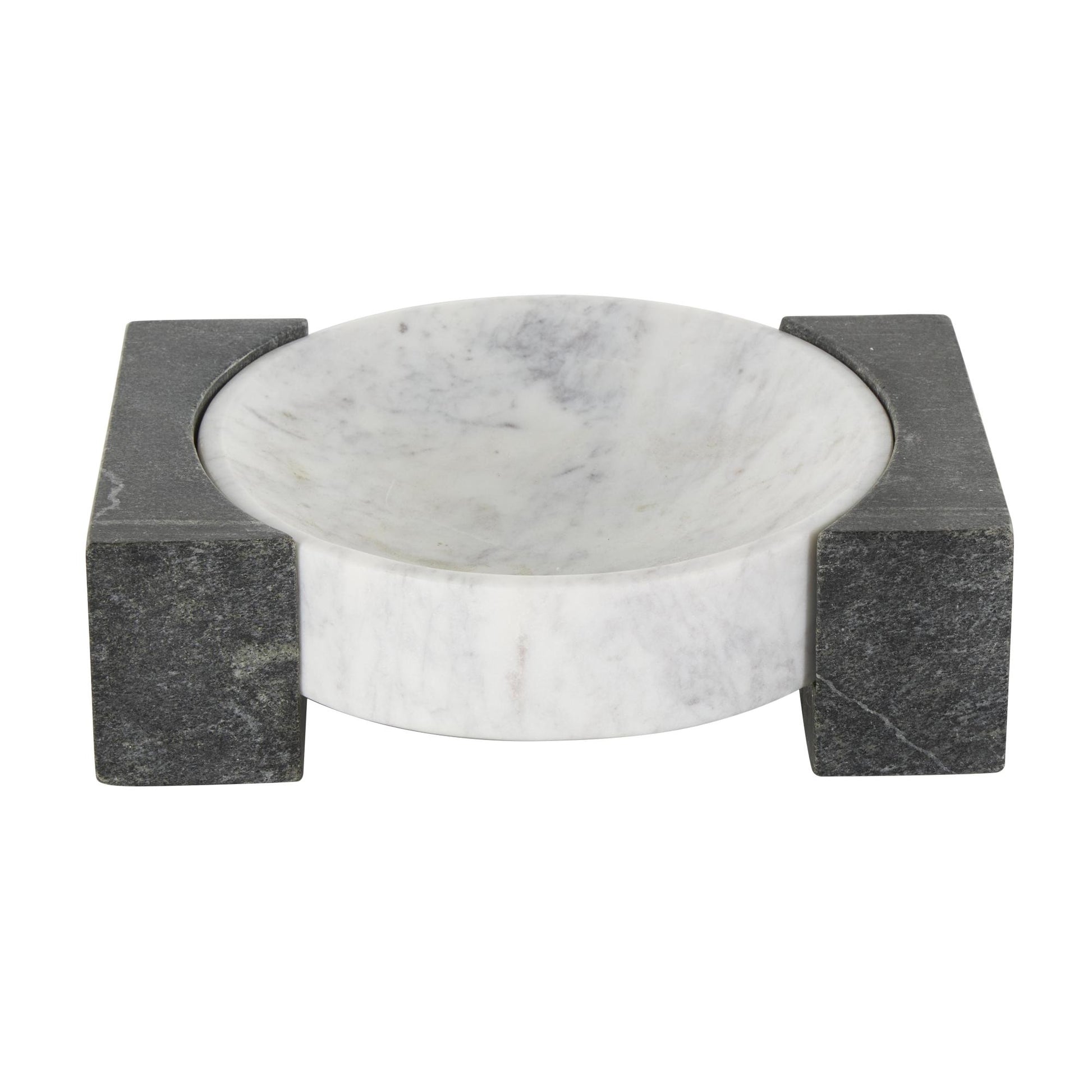 Geometric White Marble Round Living Room Decor Tray with Black Rectangular Blocks
