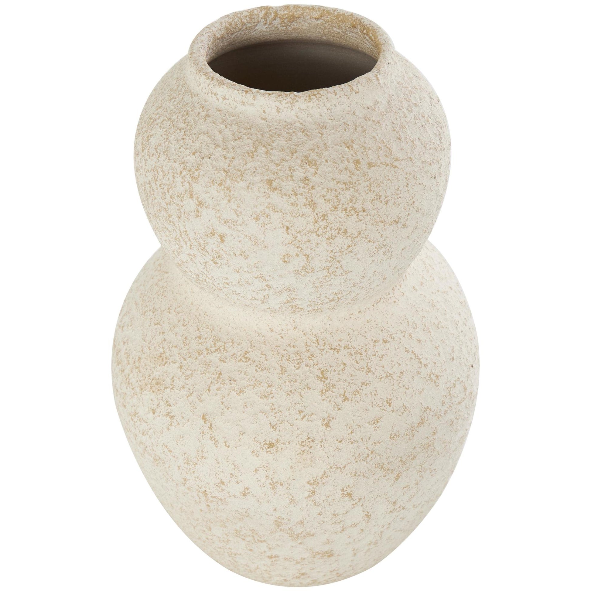 Cream Ceramic Hourglass Textured Decorative Vase with Brown Distressing