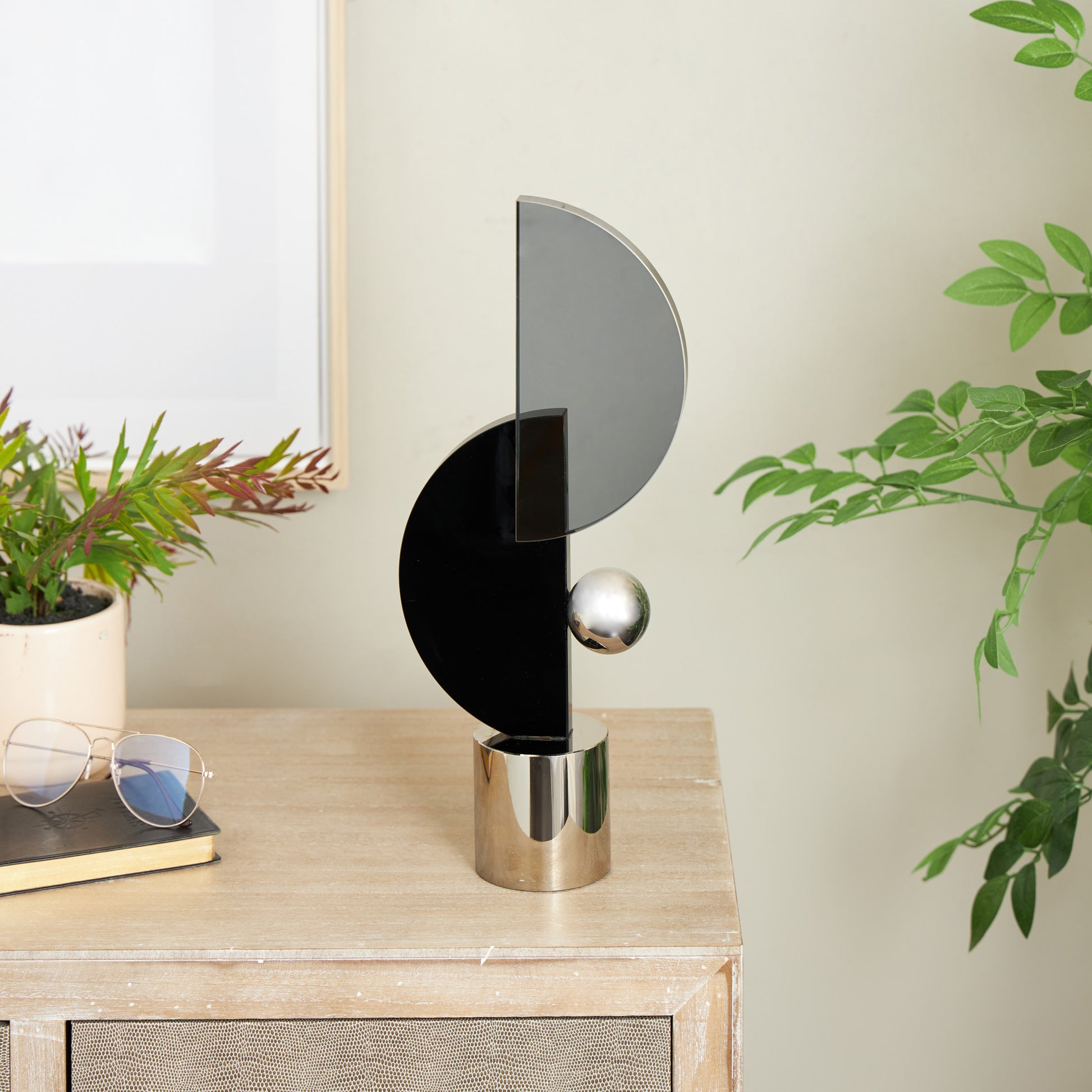 Abstract Black Glass Decorative Sculpture with Silver Orb and Base