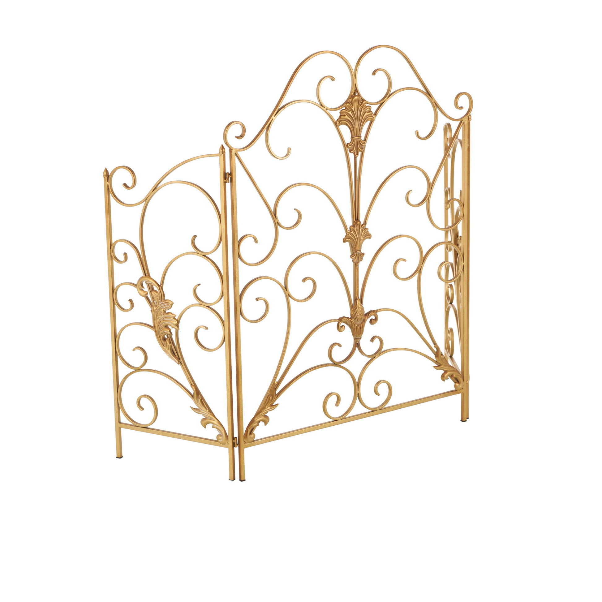 Scroll Gold Metal Foldable 3 Panel Living Room Fireplace Screen with Fleur De Lis Accents