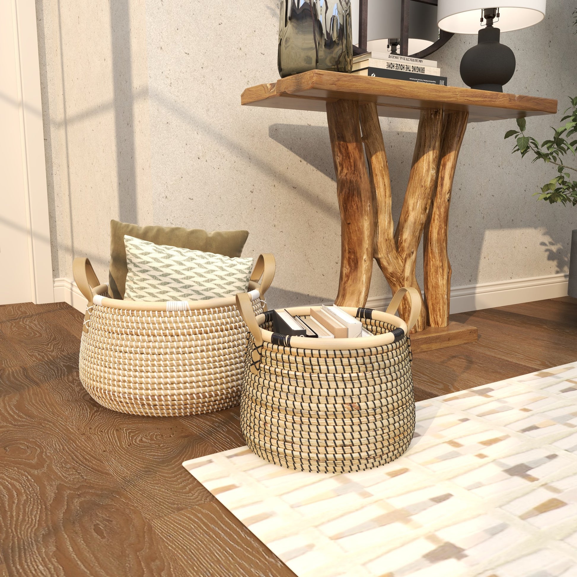 Set of 2 Brown Banana Leaf Handmade Decorative and Functional Storage Basket with Handles