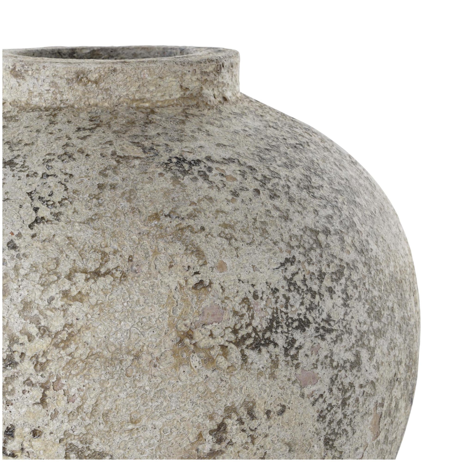 Cream Ceramic Handmade Antique Style Round Decorative Vase with Textured Distressing