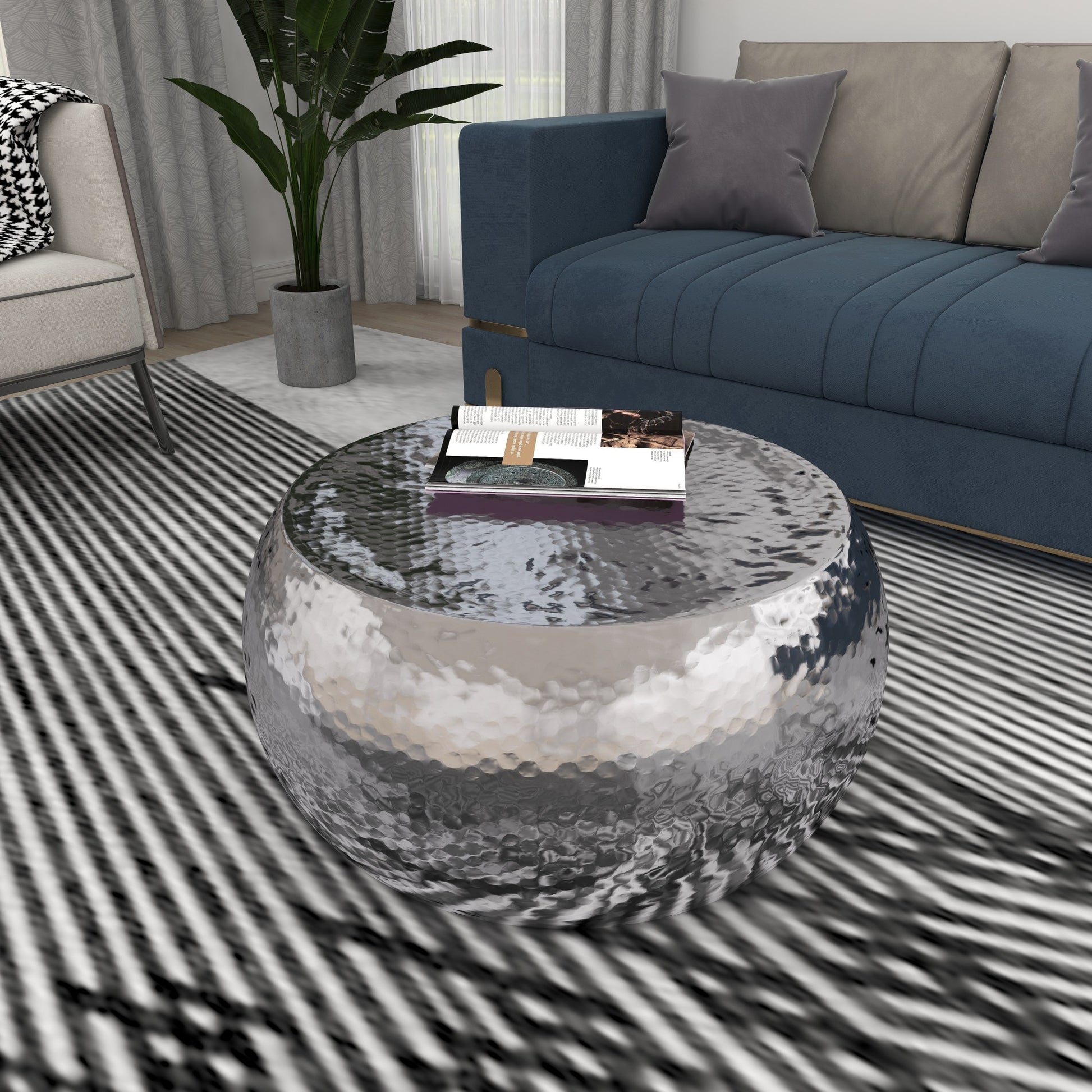 Silver Aluminum Metal Living Room Coffee Table with Hammered Design