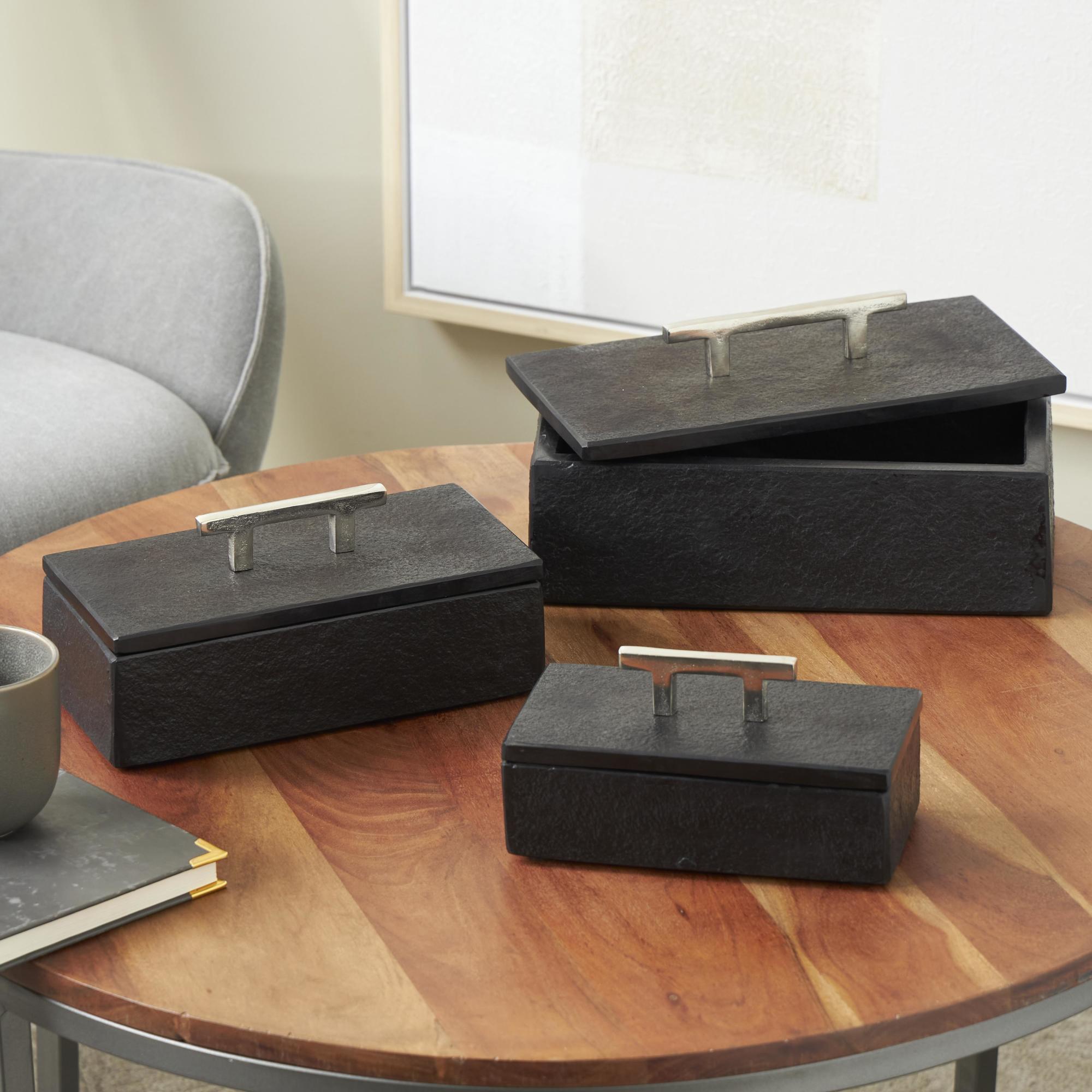 Set of 3 Marble Decorative Box with Aluminum Bar Handles Set of 3 12", 10", 8"W