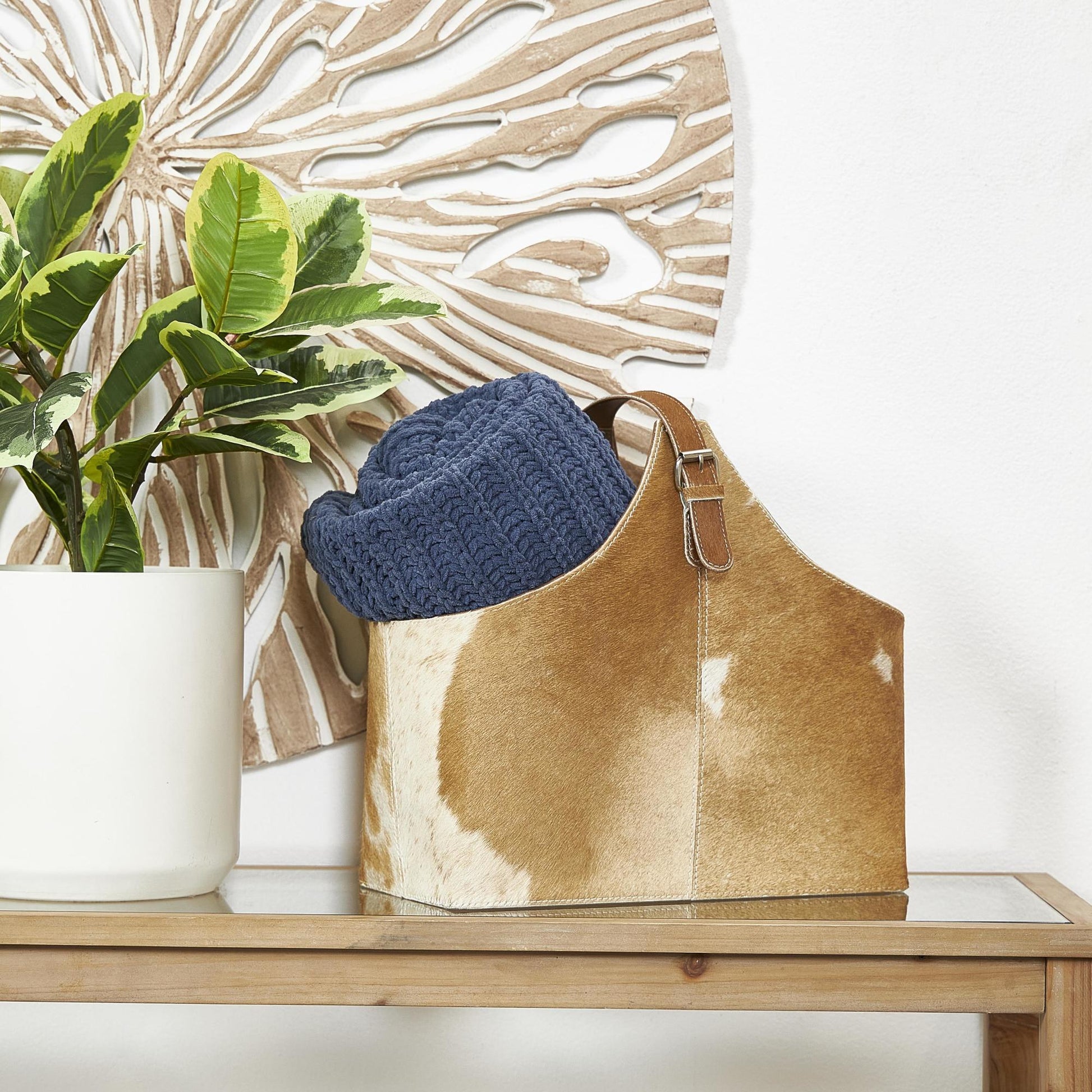 Leather Handmade Box Style Decorative Magazine Holder with Detail Stitching and Curved Buckle Handle