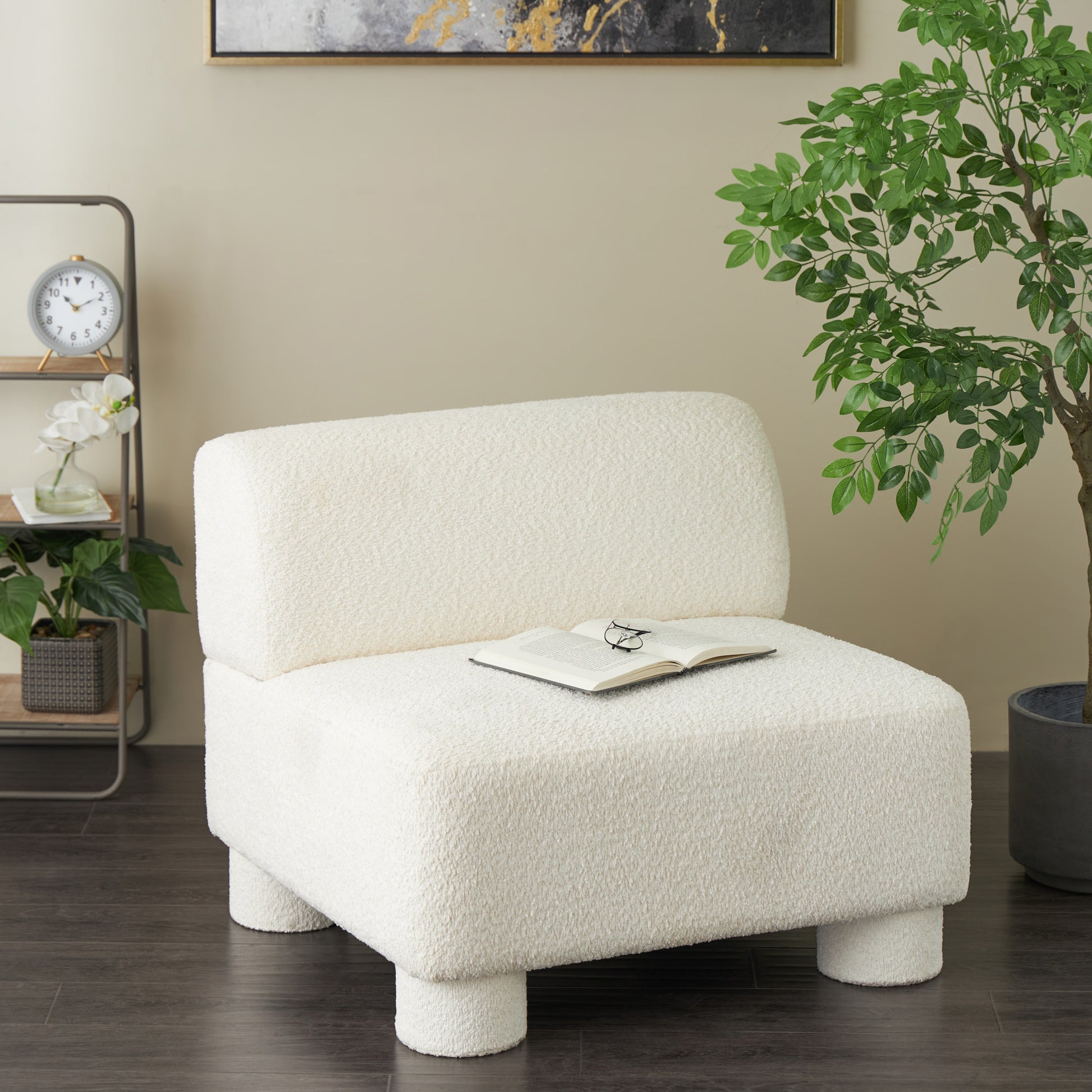 White Polyester Square Boucle Living Room Accent Chair