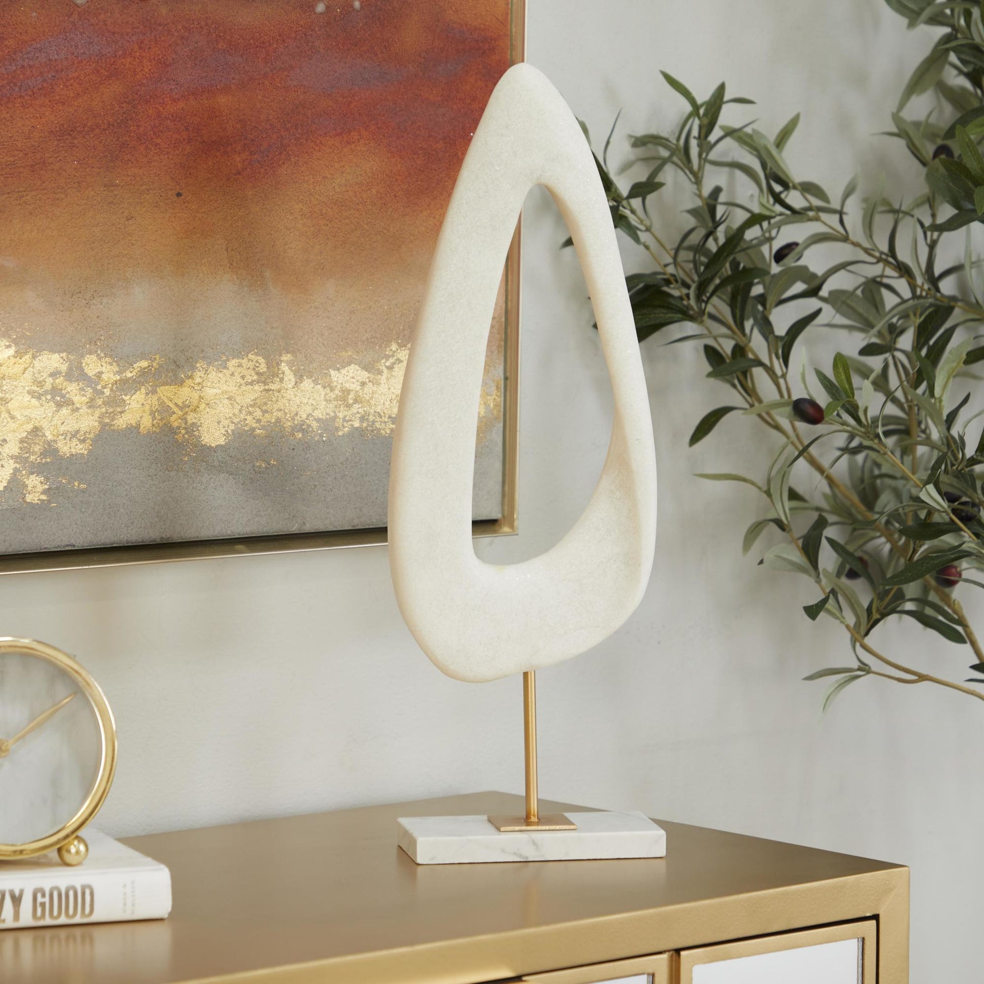 Abstract White Polystone Cut-Out Decorative Sculpture with Marble Stand