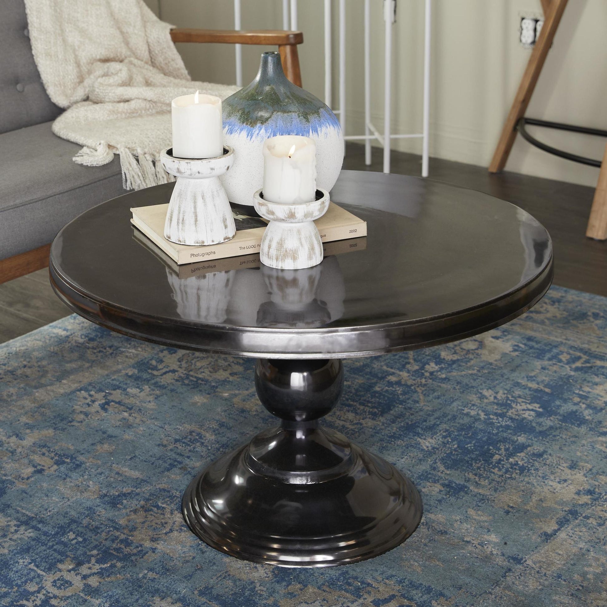 Aluminum Metal Sleek Ball Centered Base Living Room Coffee Table with Pedestal Base 30" x 30" x 19"