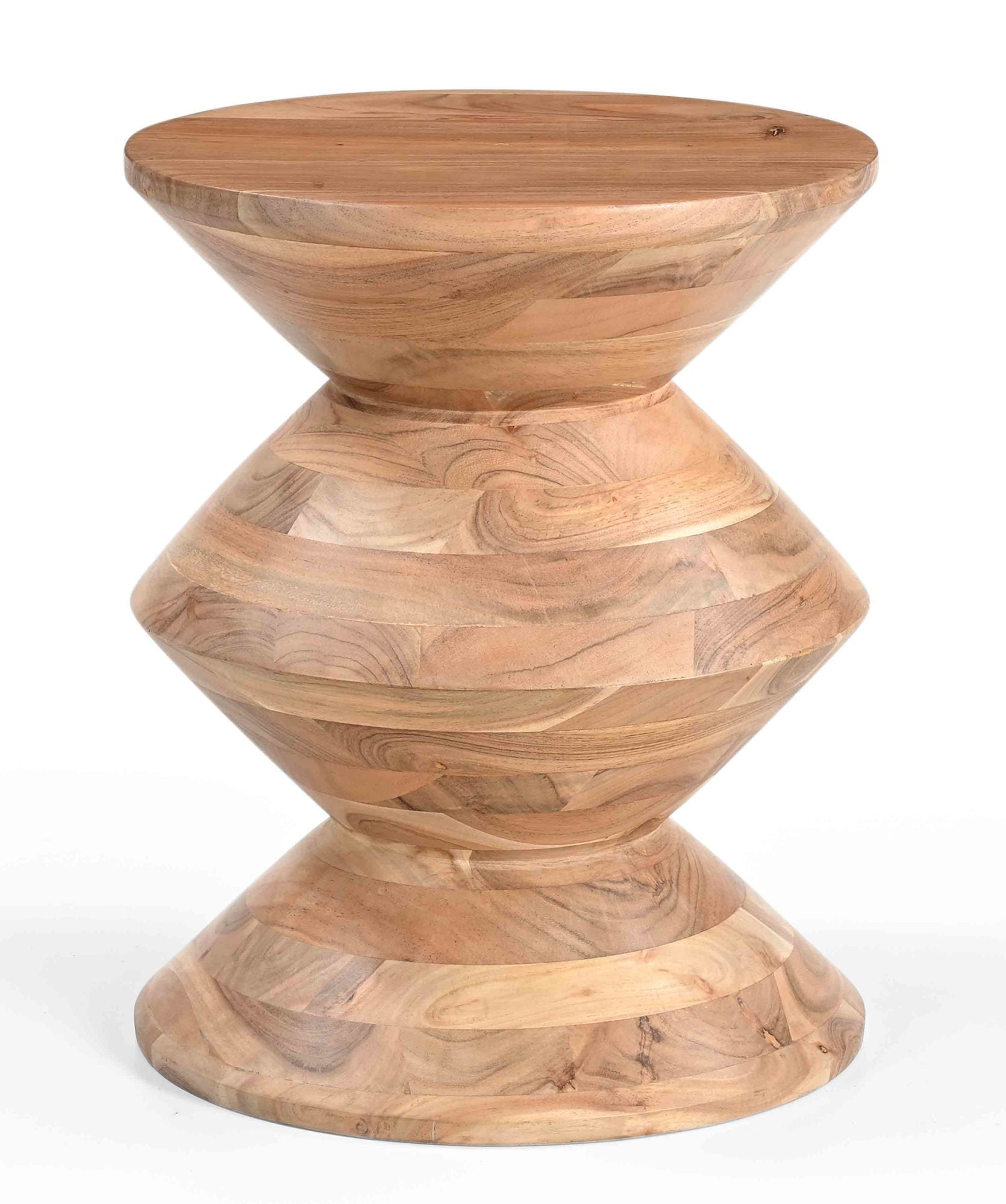 Geometric Brown Wood Hourglass Side End Accent Table with Natural Wood Grains