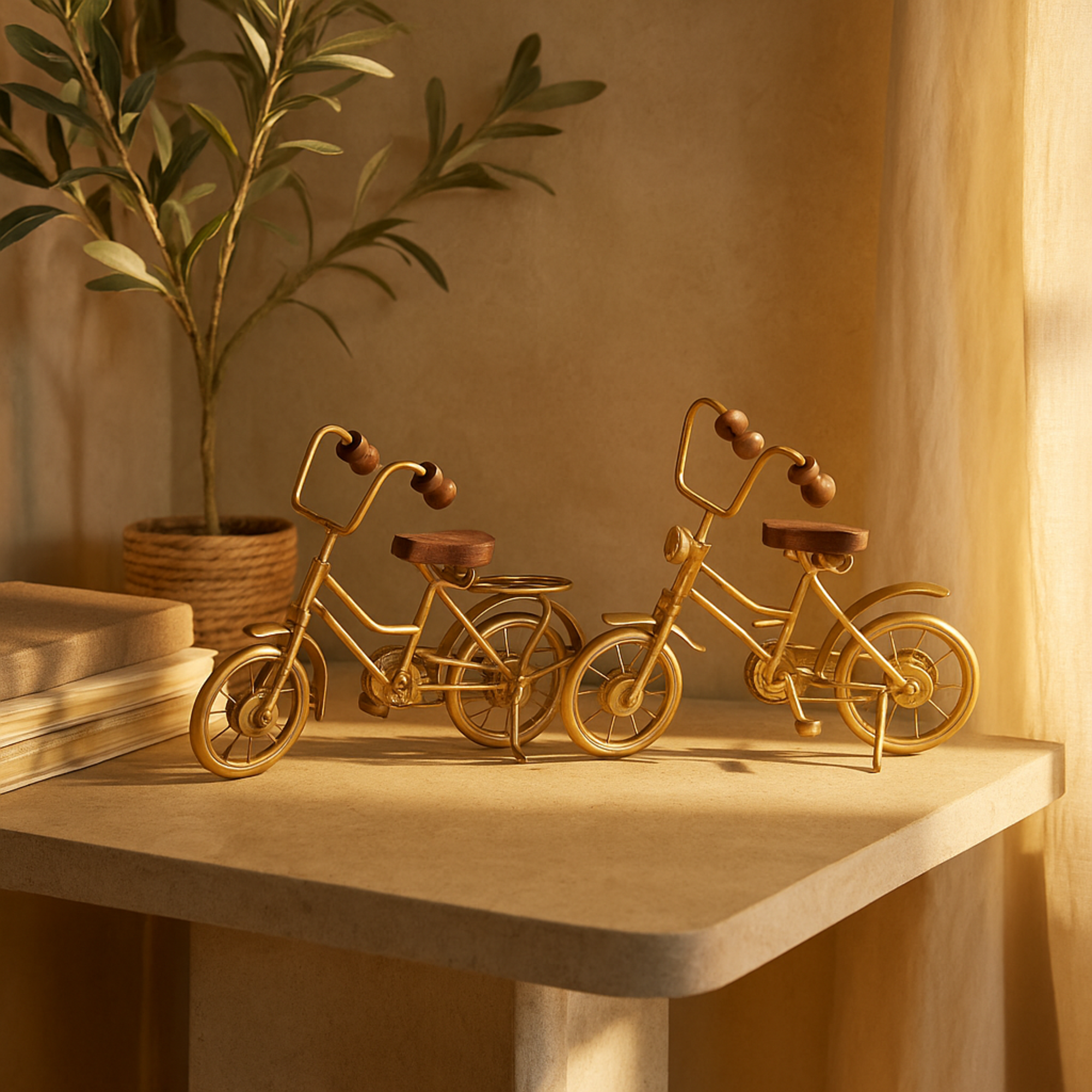 Set of 2 Bike Gold Metal Decorative Sculpture with Wood Accents